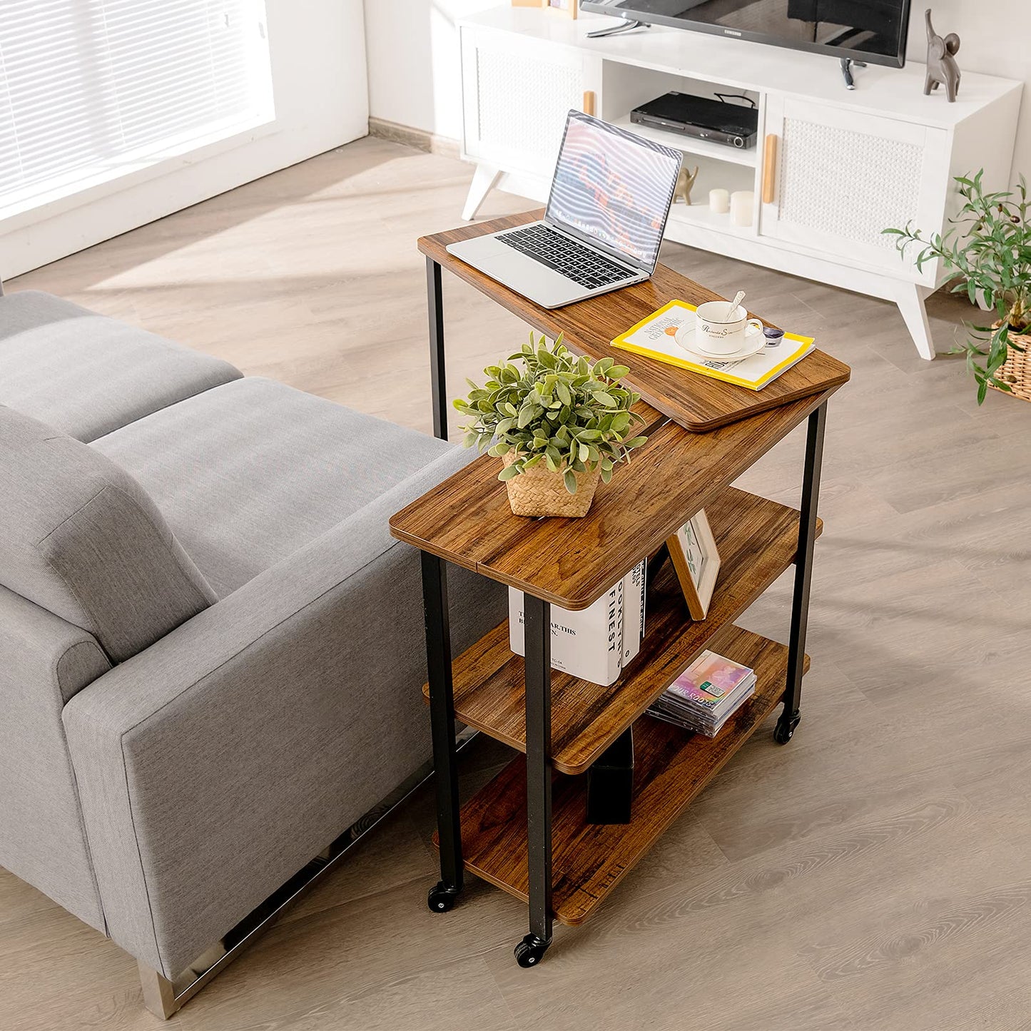 Tangkula 360° Rotating Sofa Side Table, Patented Mobile End Table with 2-Tier Storage Shelves, Swivel Rolling Desk with 6 Lockable Casters