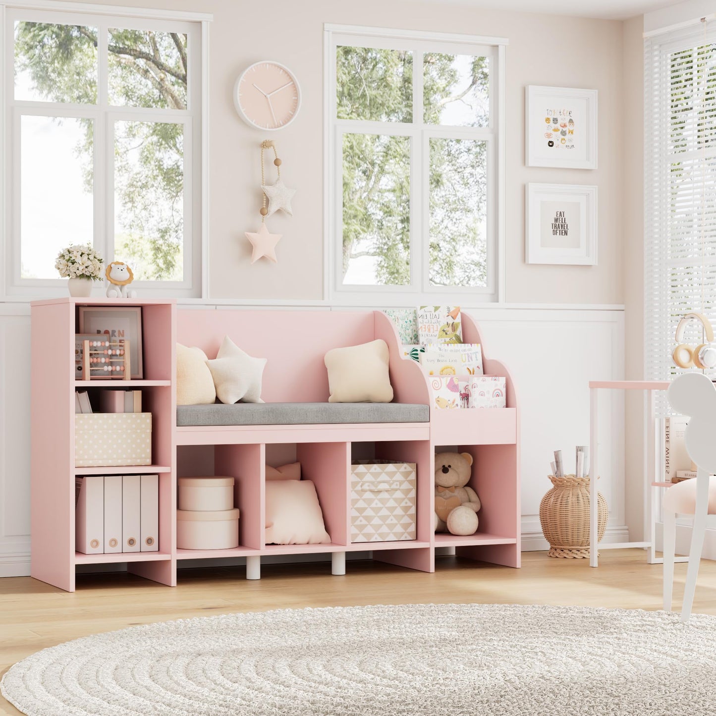HOUSUIT 55" Kids Bookshelf with Reading Nook, Bookcase with Seat Cushion and Storage Cubbies, Kids Reading Nook with Adjustable Shelf, Toy Organizers and Storage with Bench for Playroom, White