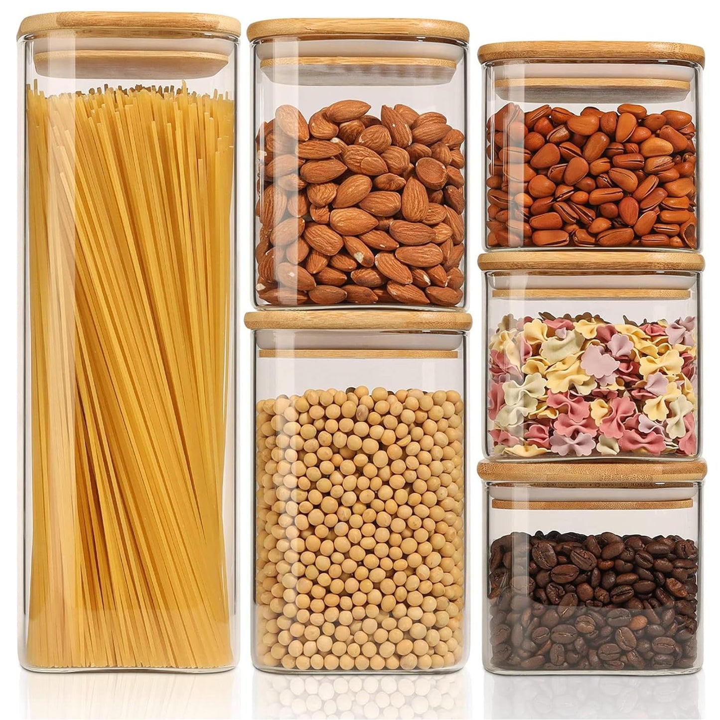 ComSaf Airtight Glass Storage Canister with Lids (24oz/37oz/51oz) Set of 6, Clear Food Storage Container Kitchen Pantry Storage Jar, Glass Jars for Flour Cereal Sugar Tea Coffee Beans Snacks, Square