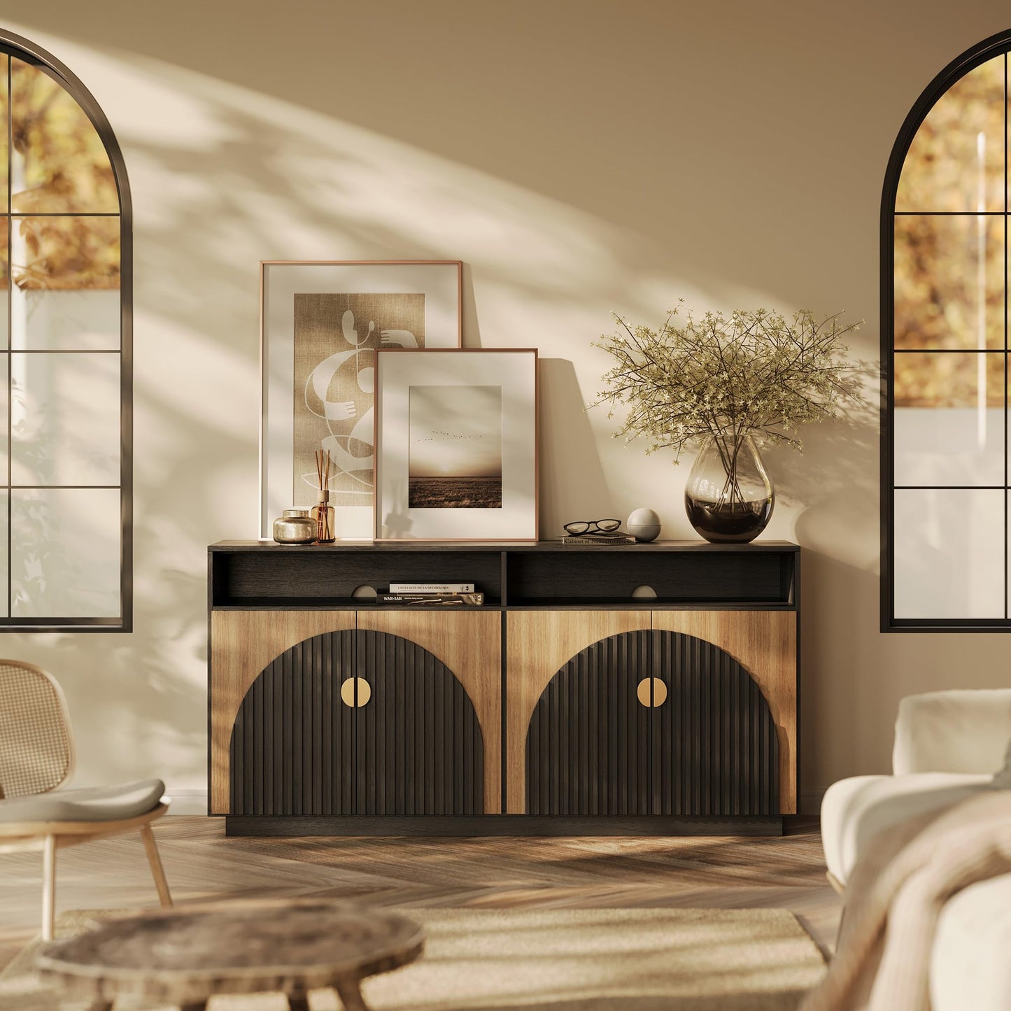 BELLEZE 3-Piece Arched TV Stand Entertainment Center with Storage, Mid Century Modern 2-Piece 72″ Tall Storage Cabinets and 65″ Fluted TV Console for Living Room (Camel)