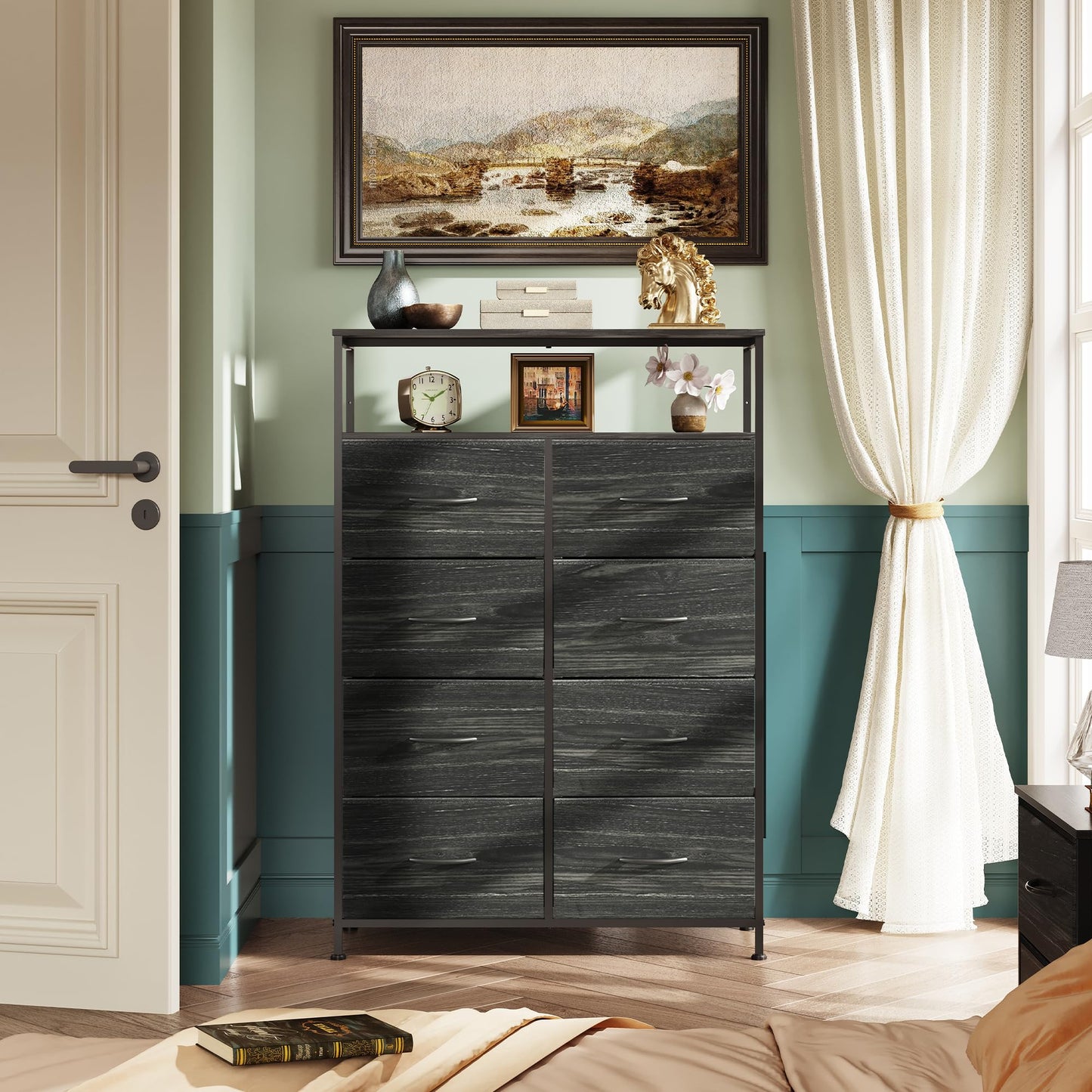 Fabric Dresser for Bedroom, Tall Dresser with 8 Drawers, Storage Tower with Fabric Bins, Double Dressers, Chest of Drawers for Closet, Living Room, Hallway, Dorm, Rustic Brown Wood Grain Print