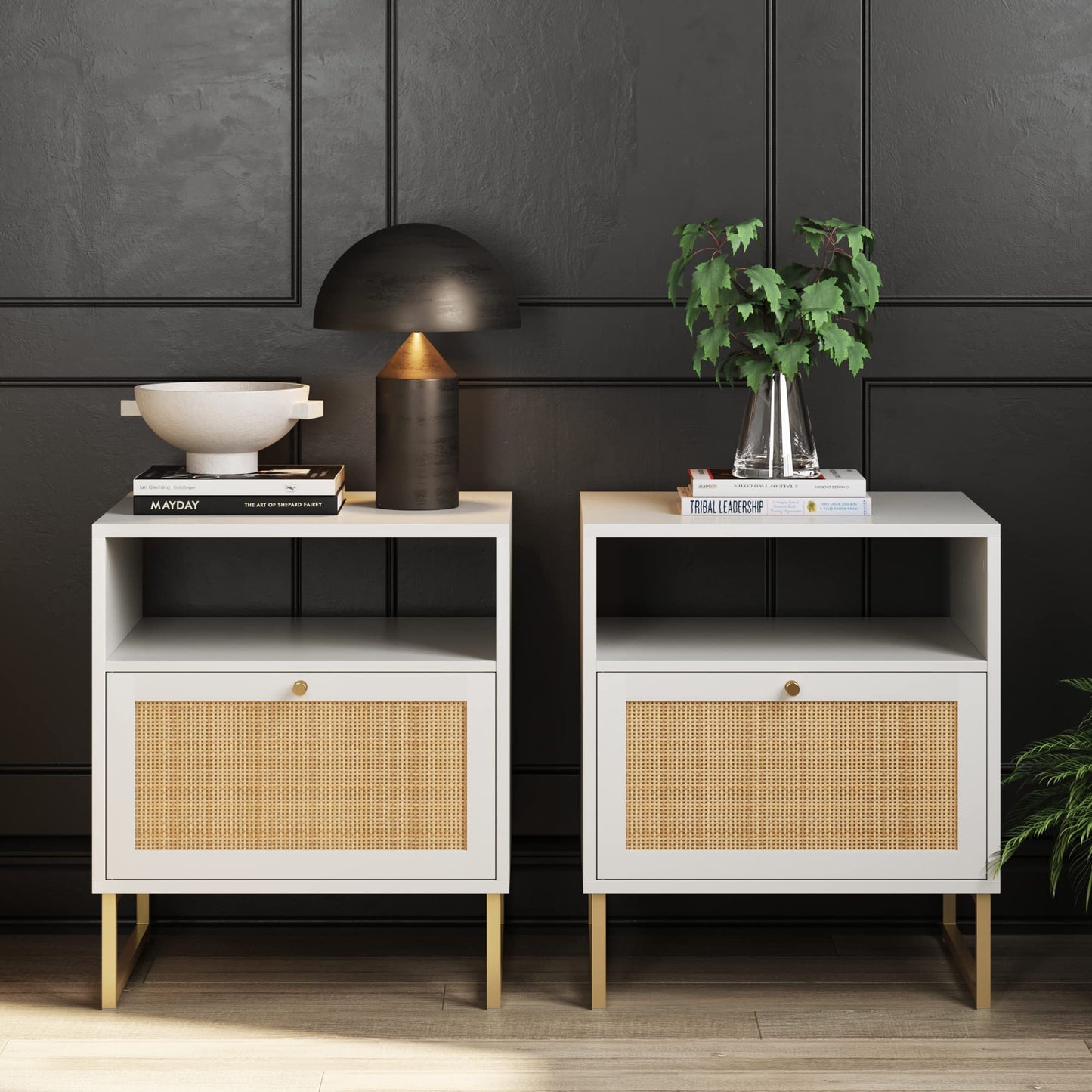 Nathan James Mina Rattan Wood End Side Accent Table Nightstand with Storage for Living Room or Bedroom, 1, Oak/Black