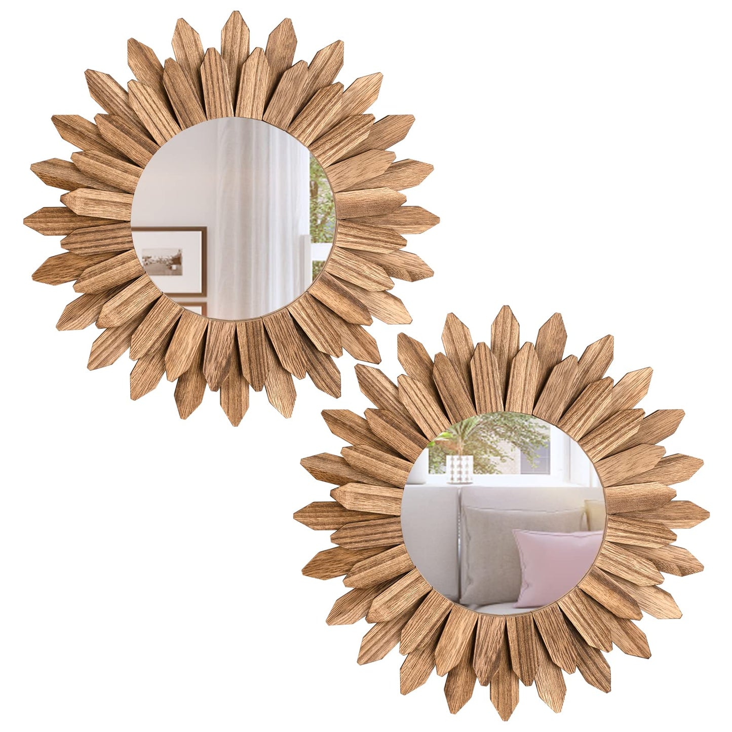 Honiway Wall Mirror Decorative 12 inch Rustic Wood Mirror Sunburst Boho Mirror for Entryway Bedroom Living Room Bathroom House Warming Gifts New Home Essential Carbonized Black
