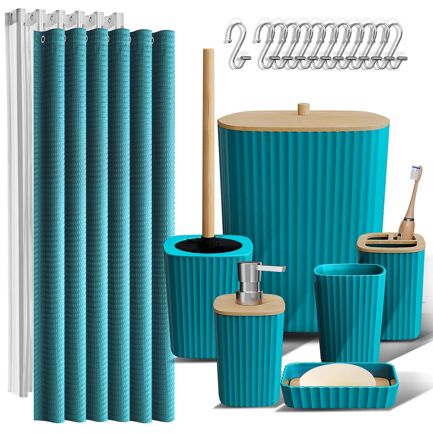 Clara Clark Bathroom Accessories Set - Bathroom Set, 20PC Bathroom Accessory Set, Black Shower Curtain Set, Toilet Brush, Trash Can & Soap Dispenser