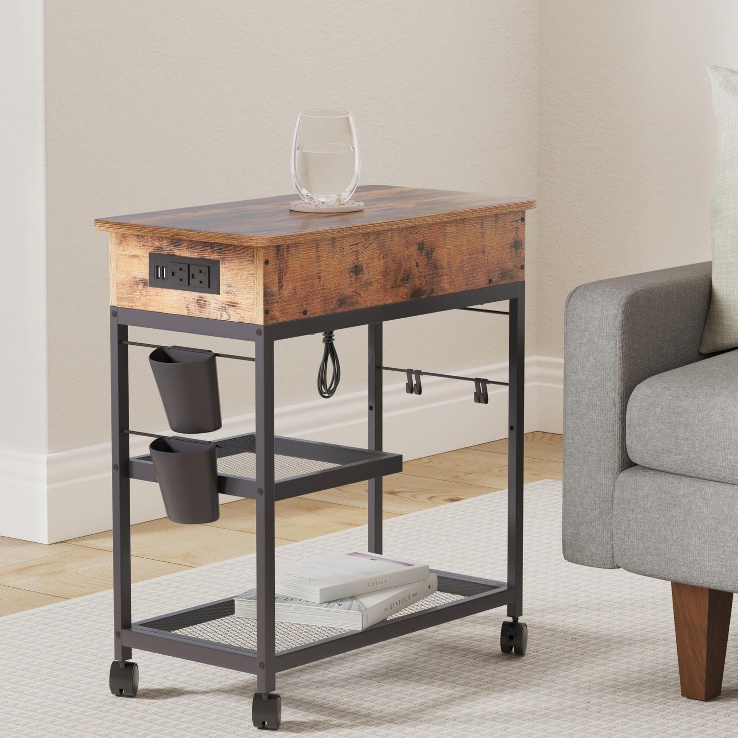 Colima Lift Top End Table with Charging Station and Wheels, Sofa Side Table with USB port