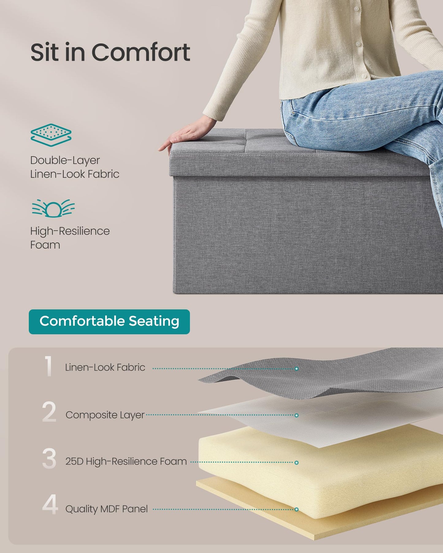 SONGMICS MAZIE Collection - 43 Inches Folding Storage Ottoman Bench, Ottoman Foot Rest, End of Bed Bench, Storage Chest, Load 660 lb, for Living Room, Bedroom, Entryway, Midnight Blue ULSF77IN