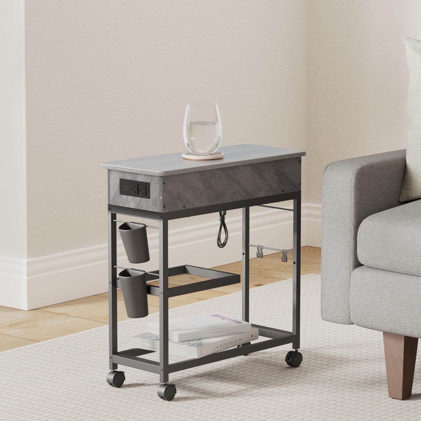 Colima Lift Top End Table with Charging Station and Wheels, Sofa Side Table with USB port