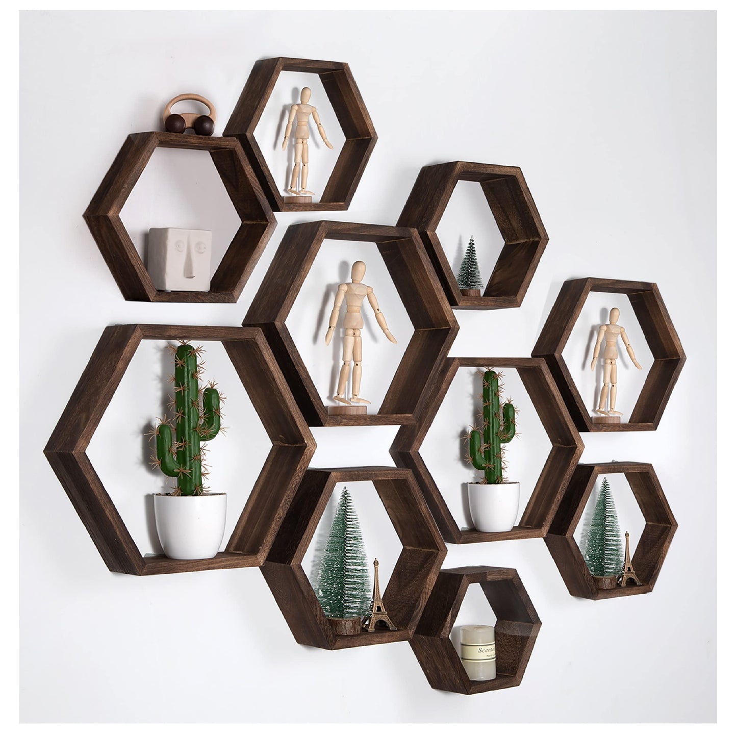 WONFUlity Hexagon Floating Shelves Honeycomb Shelves Wall Mounted Wood Farmhouse Storage Wall Shelf for Bathroom, Kitchen, Bedroom, Living Room,Driftwood Finish Decor, Black
