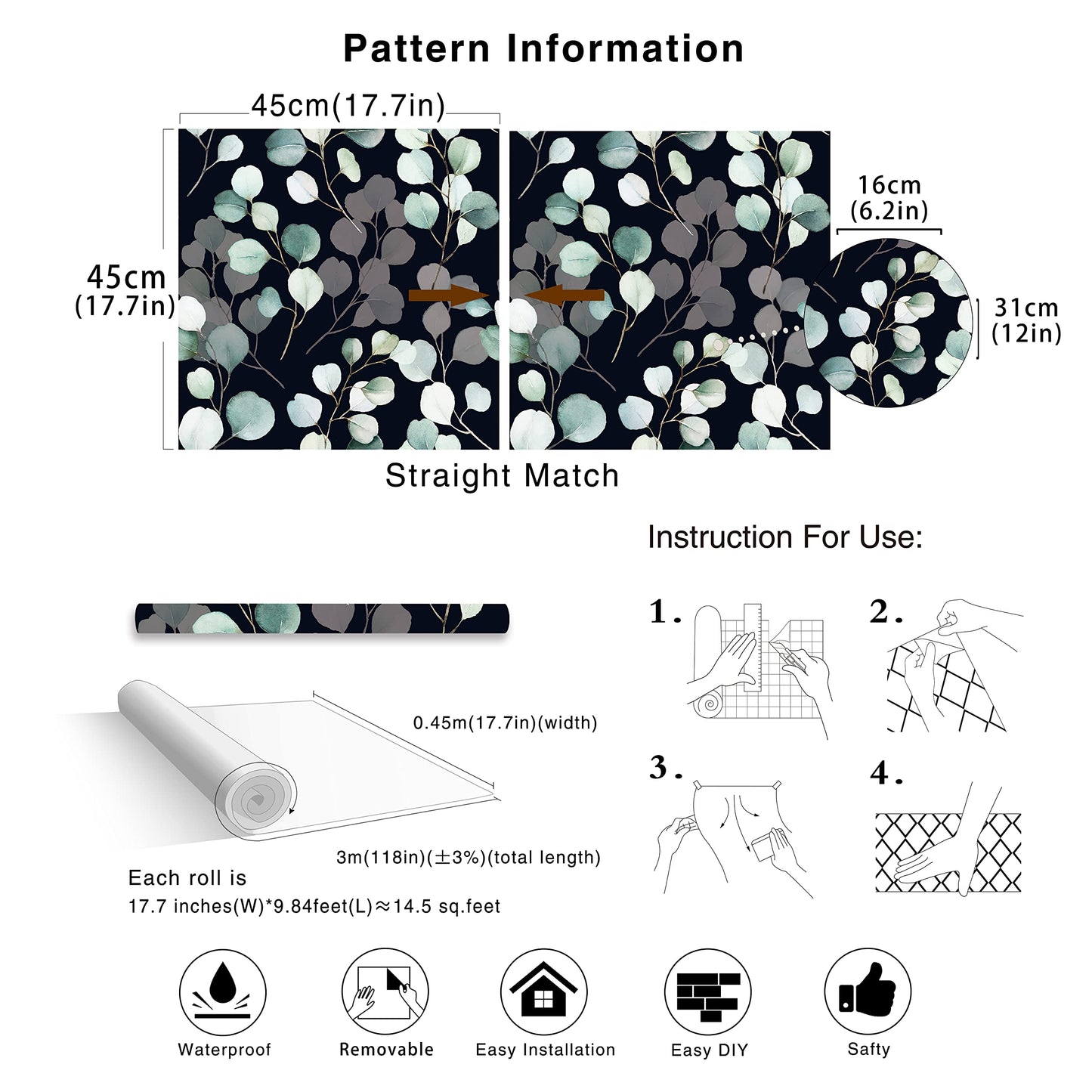 HAOKHOME Peel and Stick Wallpaper Boho Green/White Eucalyptus Leaf Floral Wall Mural Home Nursery Decor Renter Friendly Wallpaper 17.3in x 9.8ft