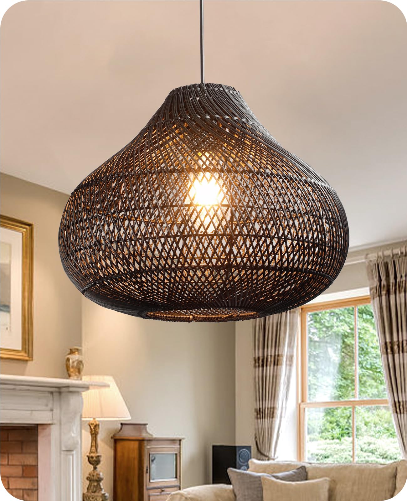 Rattan Pendant Lights, Large Wicker Chandelier Hand-Woven Boho Pendant Light Rattan Basket Hanging Light