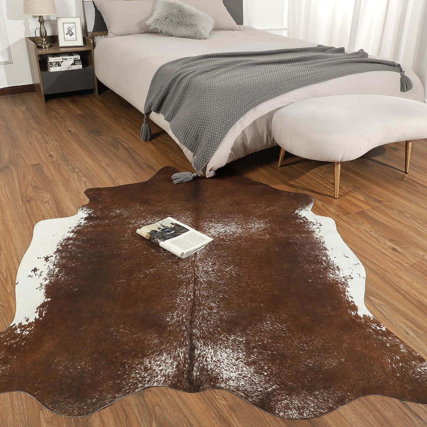 AROGAN Premium Faux Cowhide Rug 4.6 x 5.2 Feet, Sturdy and Large Size Cow Print Rugs, Suitable for Bedroom Living Room Western Decor