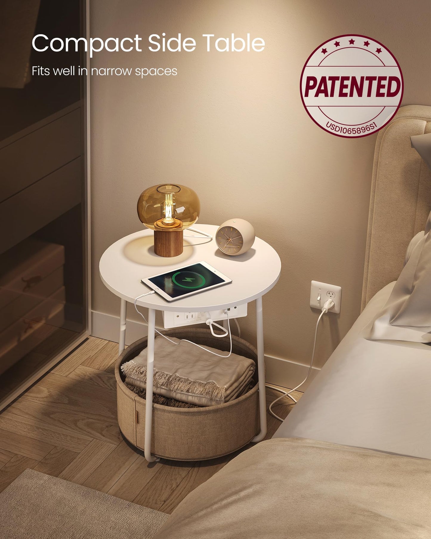 VASAGLE Side Table with Charging Station, Round End Table With Fabric Basket, Nightstand with Power Outlets USB Ports, for Living Room, Bedroom, Modern, Ebony Black and Slate Gray ULET228B01