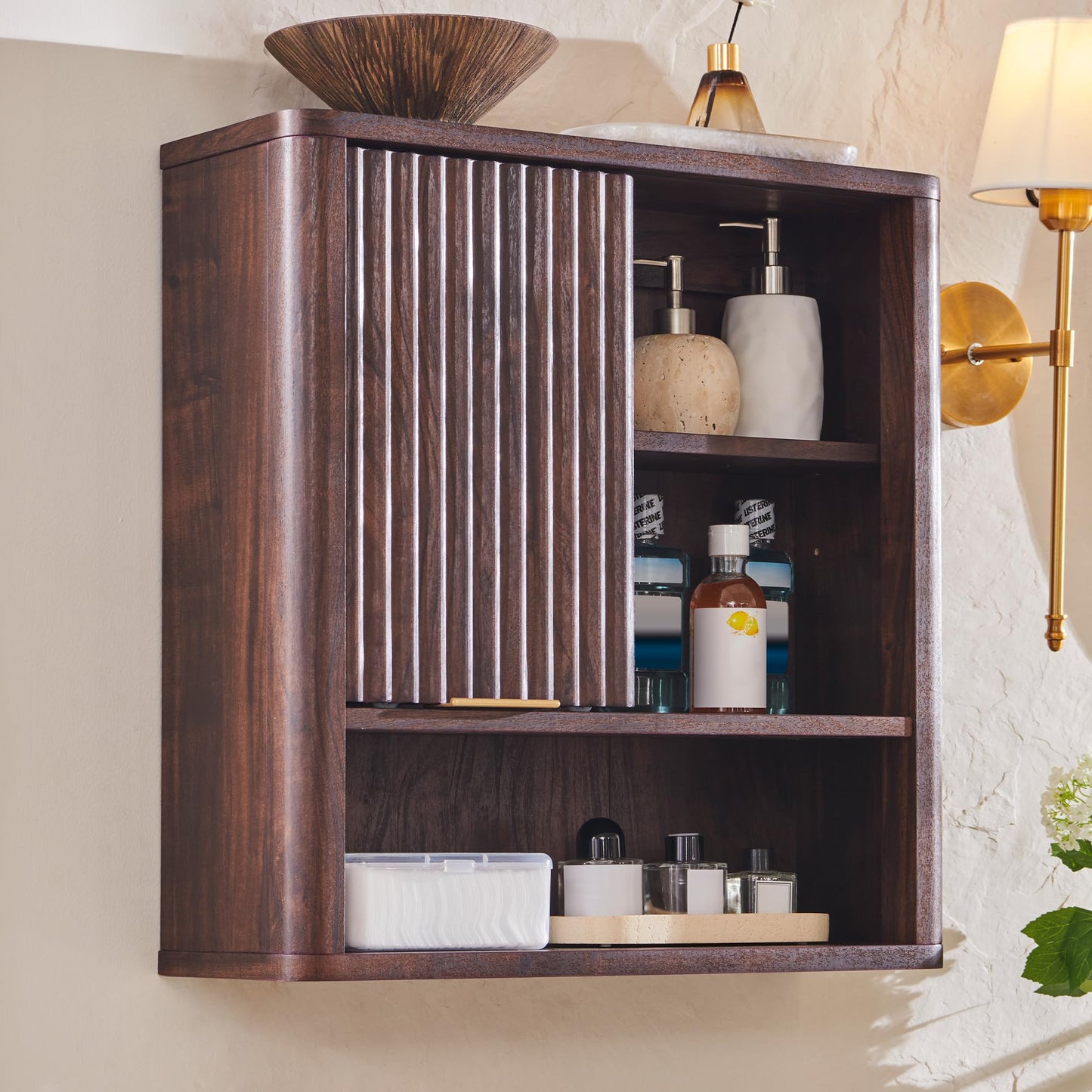 RedLemon Bathroom Wall Cabinet w/Fluted Sliding Door, Modern Medicine Cabinet w/Faux Marble Top & Adjustable Shelf, Curved Profile Wall Mounted Storage Organizer, Natural Oak Color