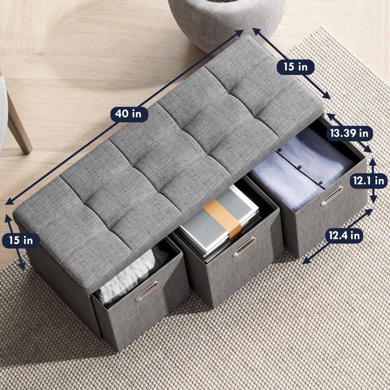 Ornavo Home Foldable Tufted Linen Large Long Bench Storage Ottoman Foot Rest Stool Seat with 3 Drawer Cubes - 15" x 40" x 15", Navy Blue