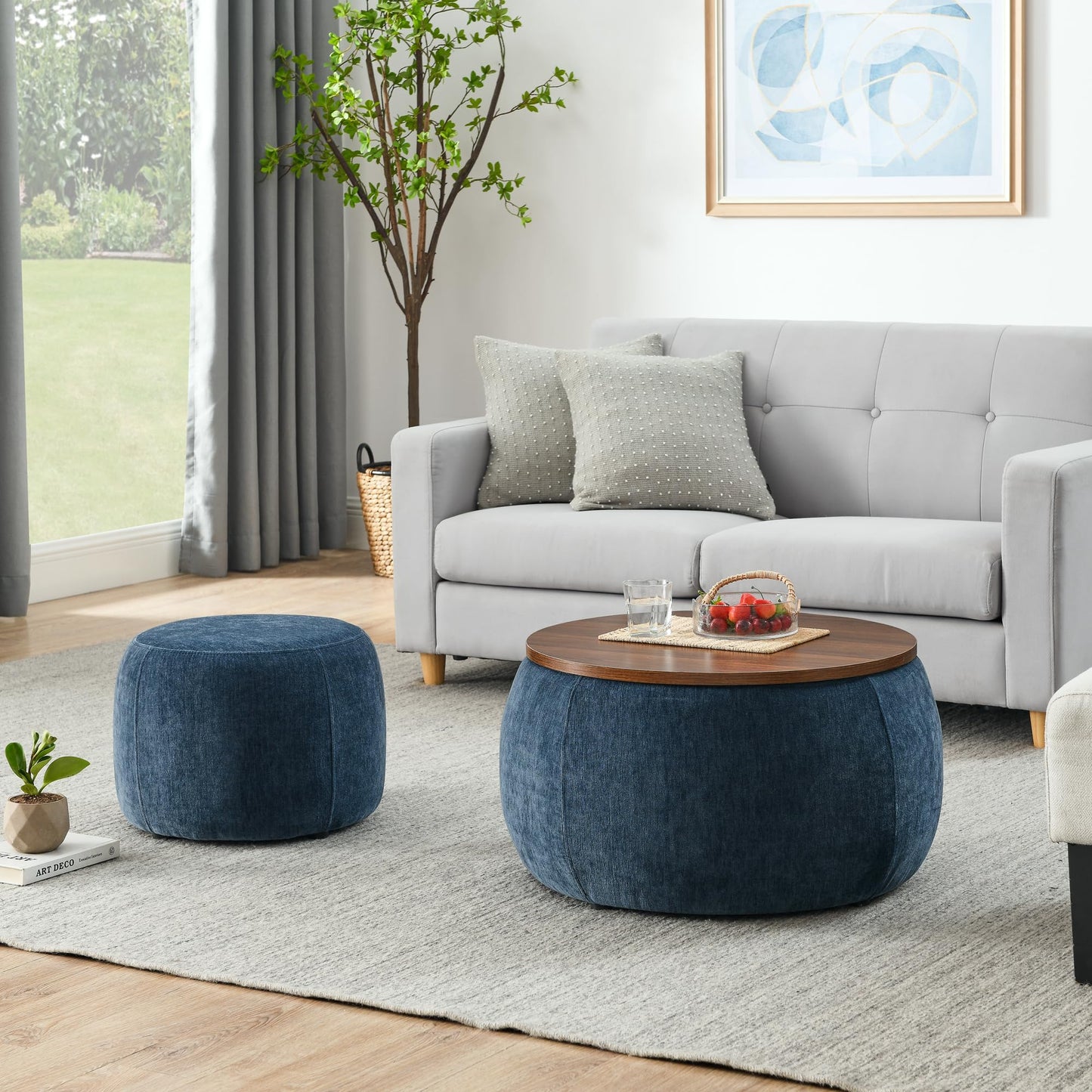 2-Piece Set Round Chenille Storage Ottoman, Equipped with a Drum Shaped Small Stool, Storage Space