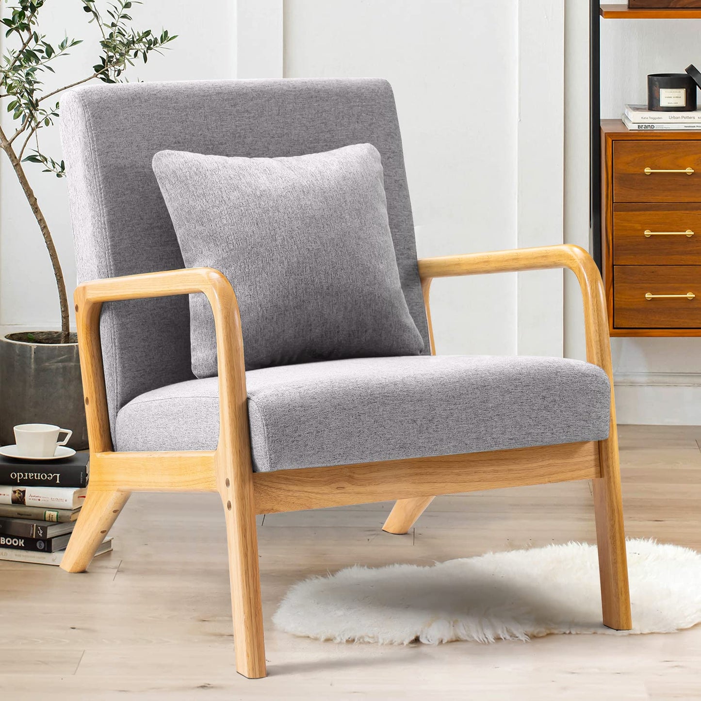 ELUCHANG Mid-Century Modern Accent Chair With Lumbar Pillow, Upholstered Armchair