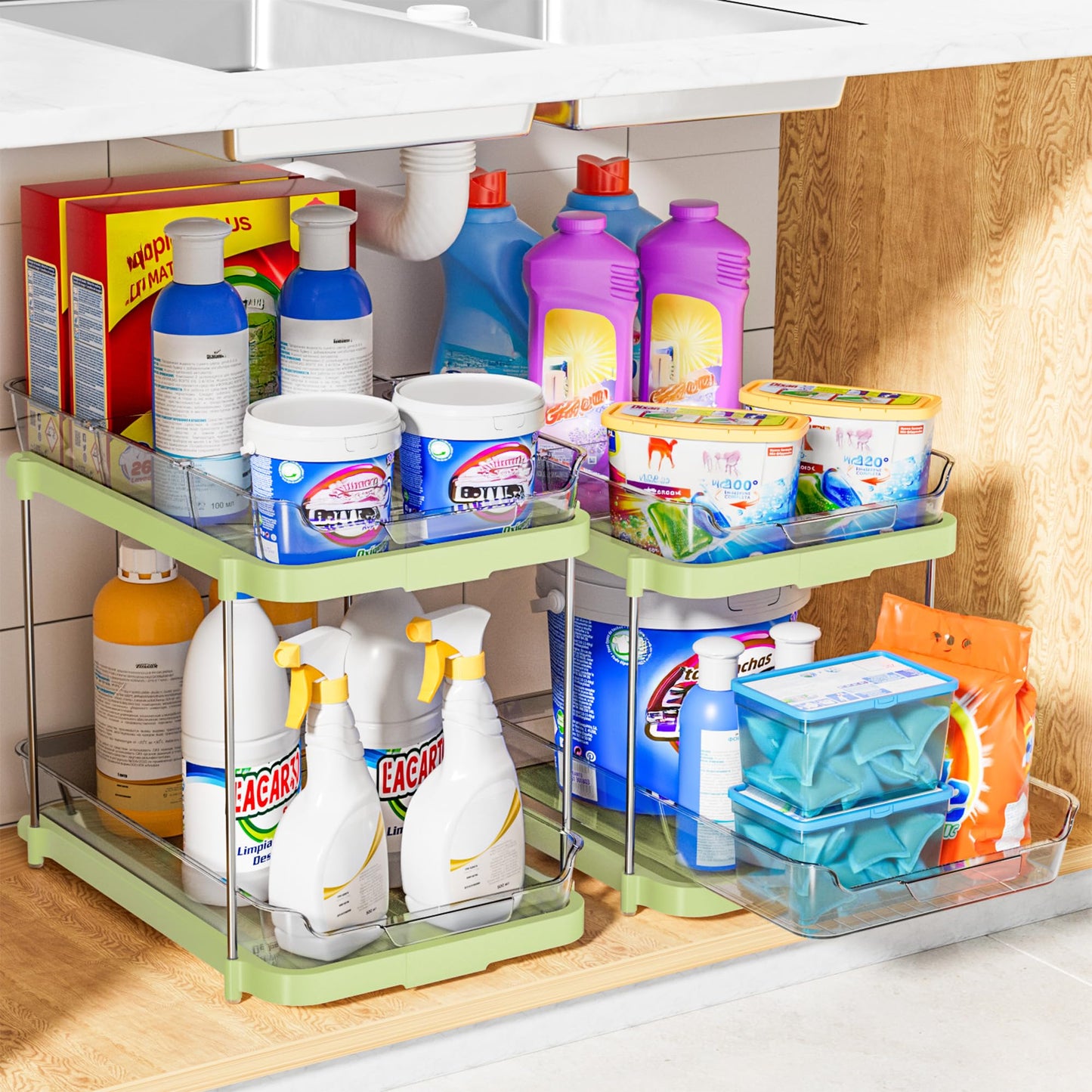 Delamu 2 Sets of 2-Tier Multi-Purpose Bathroom Under Sink Organizers and Storage, Stackable Kitchen Pantry Organization