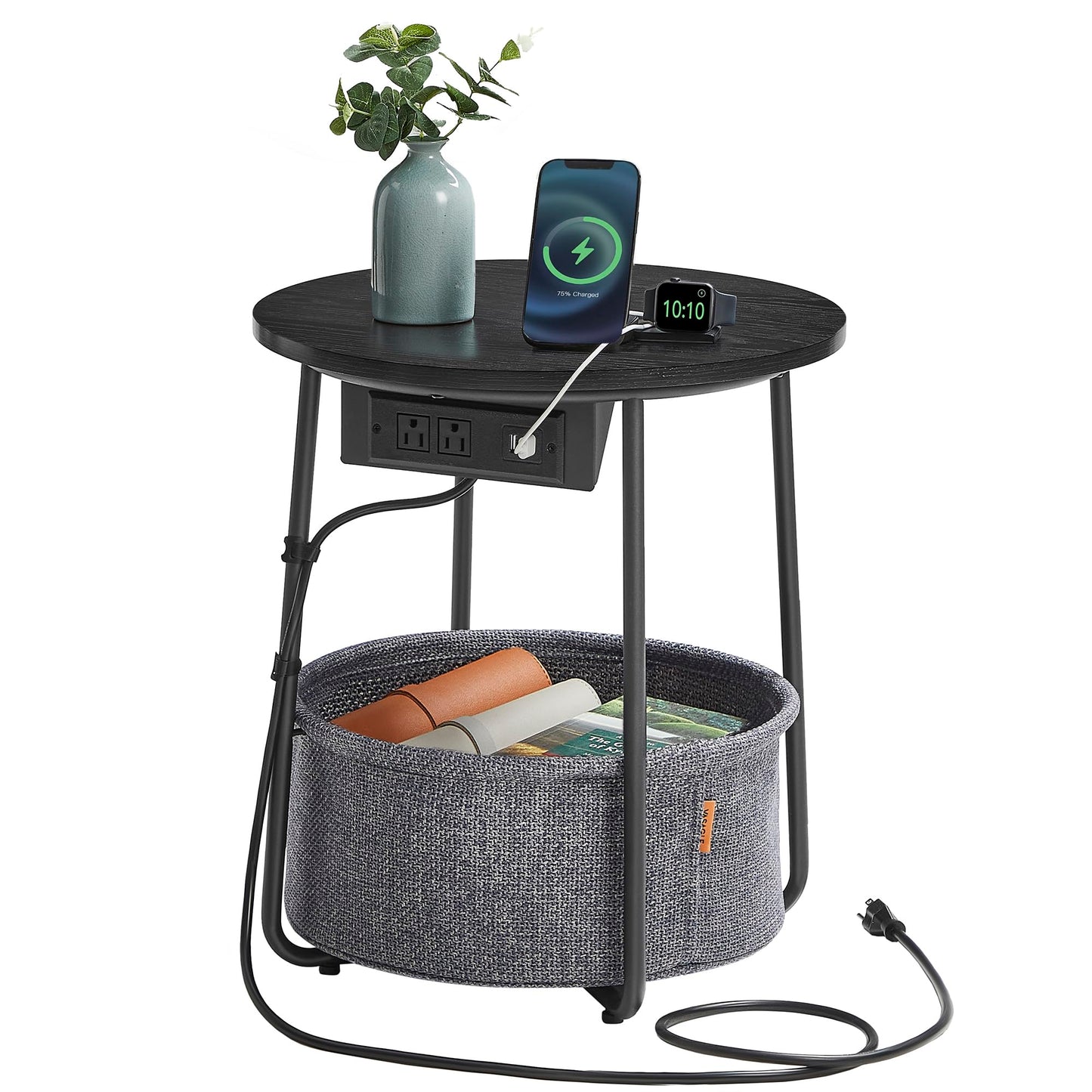 VASAGLE Side Table with Charging Station, Round End Table With Fabric Basket, Nightstand with Power Outlets USB Ports, for Living Room, Bedroom, Modern, Ebony Black and Slate Gray ULET228B01