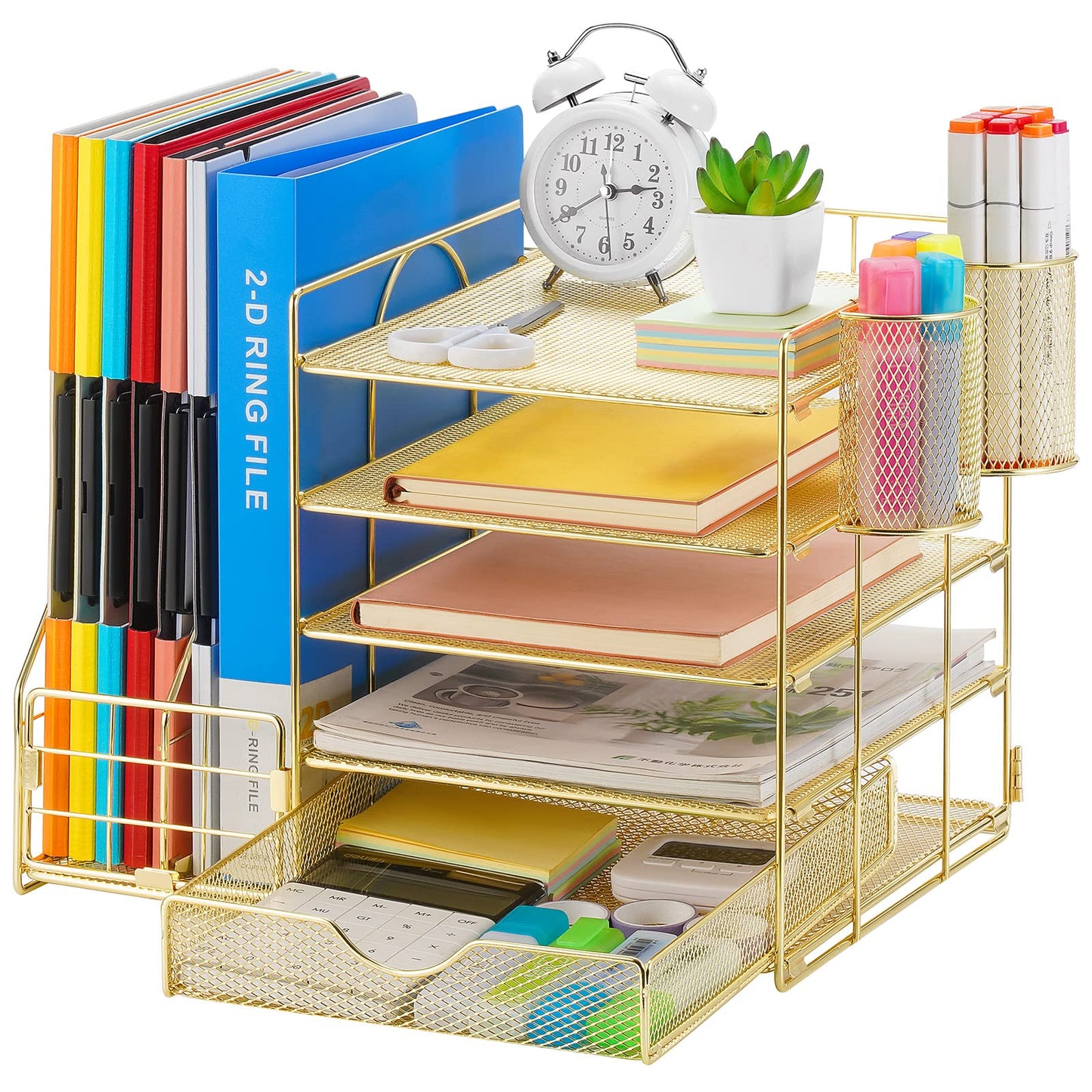 Marbrasse Desk Organizer with File Holder, 5-Tier Paper Letter Tray Organizer with Drawer and 2 Pen Holder, Mesh Desktop Organizer and Storage with Magazine Holder for Office Supplies(Black)