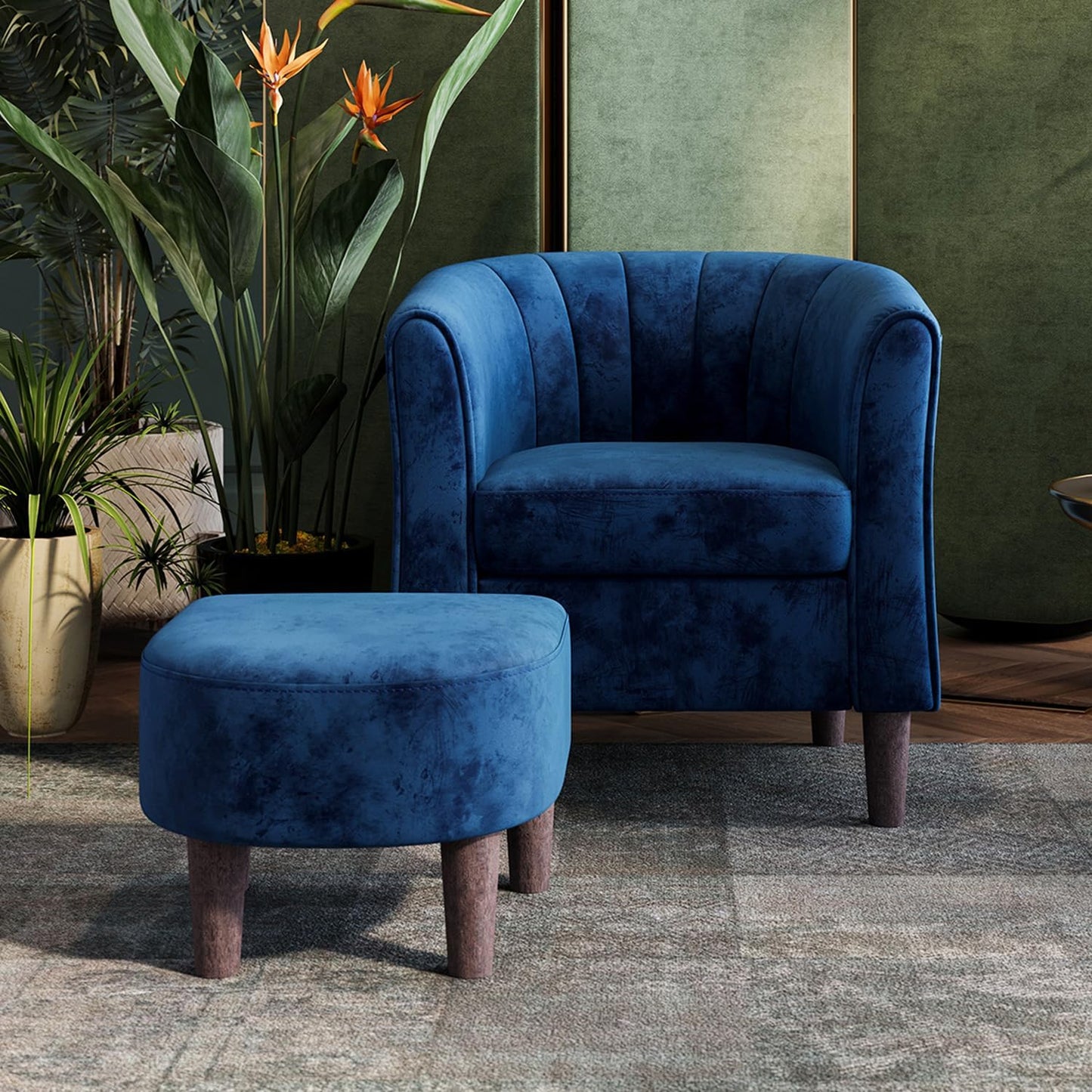 LINSY Accent Chair with Ottoman, Modern Barrel Chair Comfy Armchair with Footrest