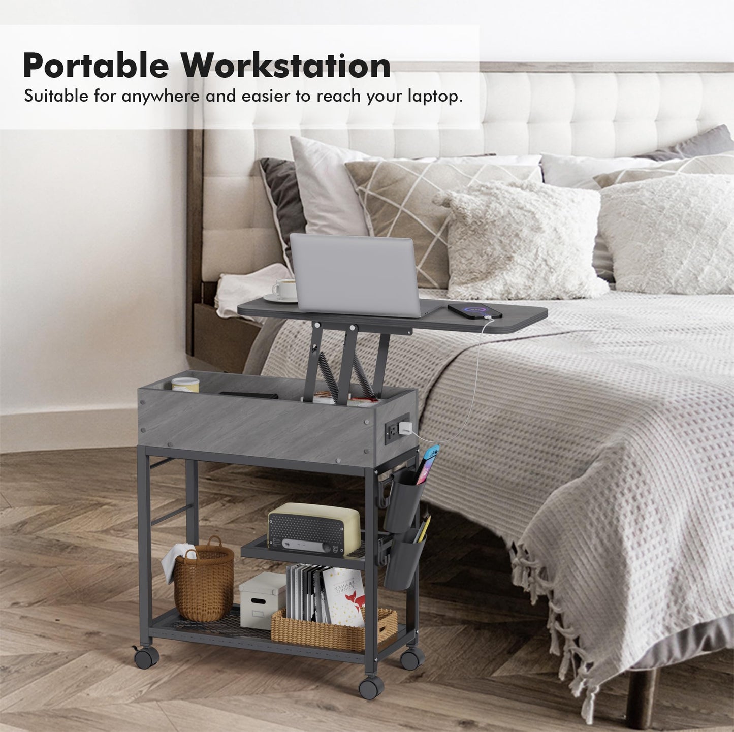 Colima Lift Top End Table with Charging Station and Wheels, Sofa Side Table with USB port