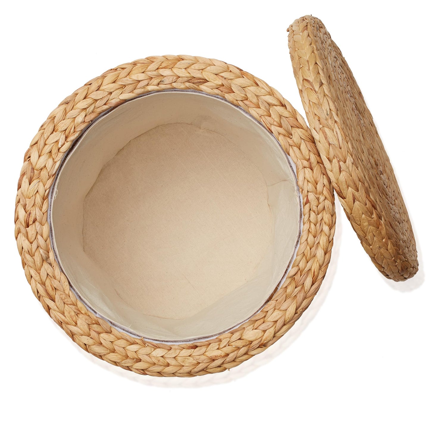 Round Storage Ottoman with Lid - Whitewash, Handwoven Water Hyacinth Footstool for Living Room, Bedroom