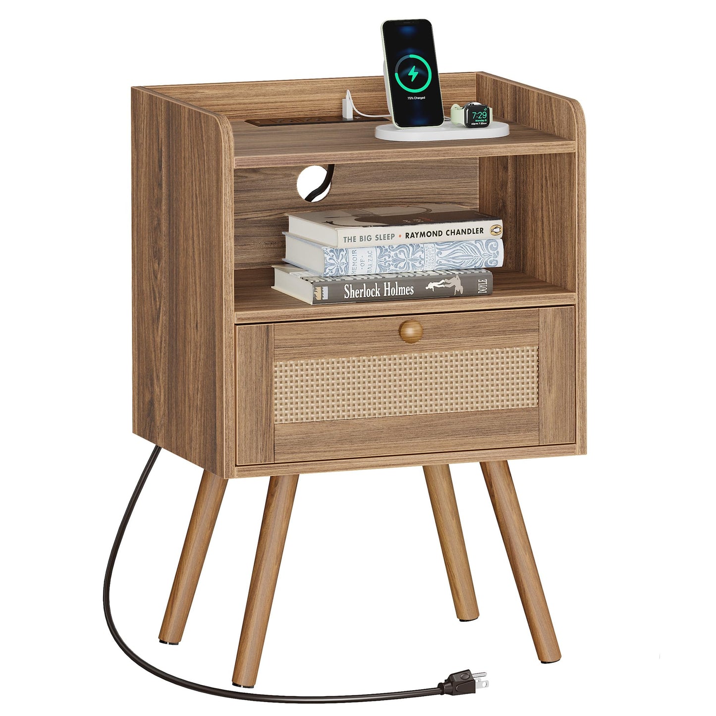 SUPERJARE Nightstands Set of 2, Night Stands with Charging Station & PE Rattan Decor Drawer, Bed Side Tables with Solid Wood Feet, End Table, for Bedroom, Living Room - Natural