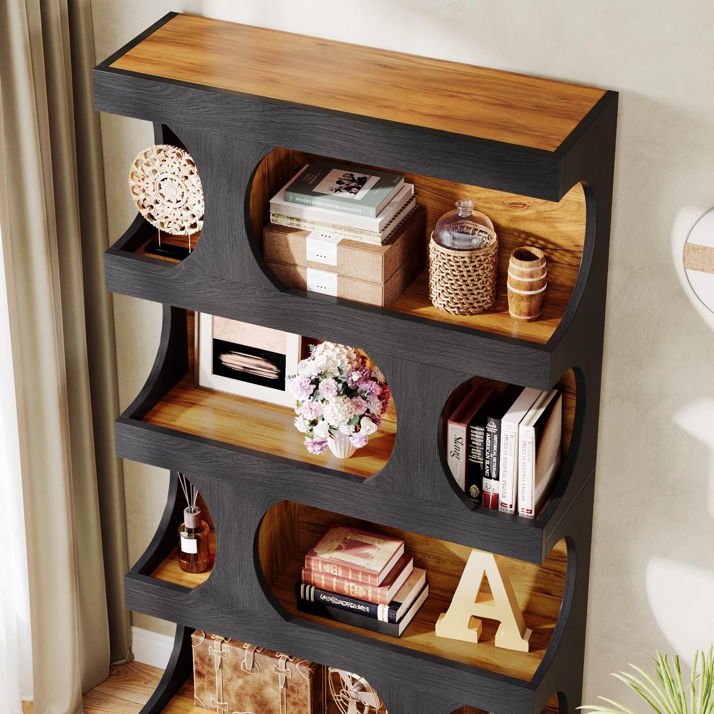 71"Tall Bookcase, 4-Tier S-Shaped Bookshelf, Wood Decorative Storage Shelving, Modern Freestanding Display Shelves