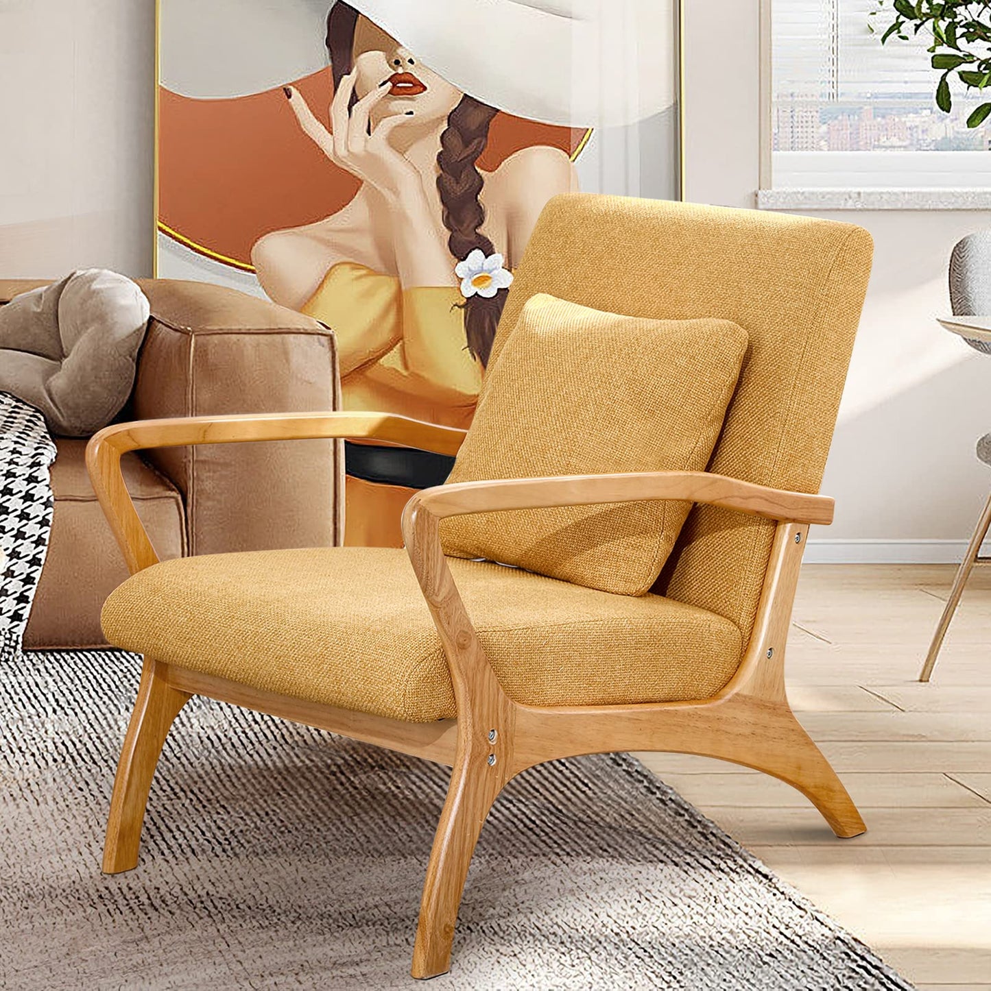 ELUCHANG Mid-Century Modern Accent Chair With Lumbar Pillow, Upholstered Armchair