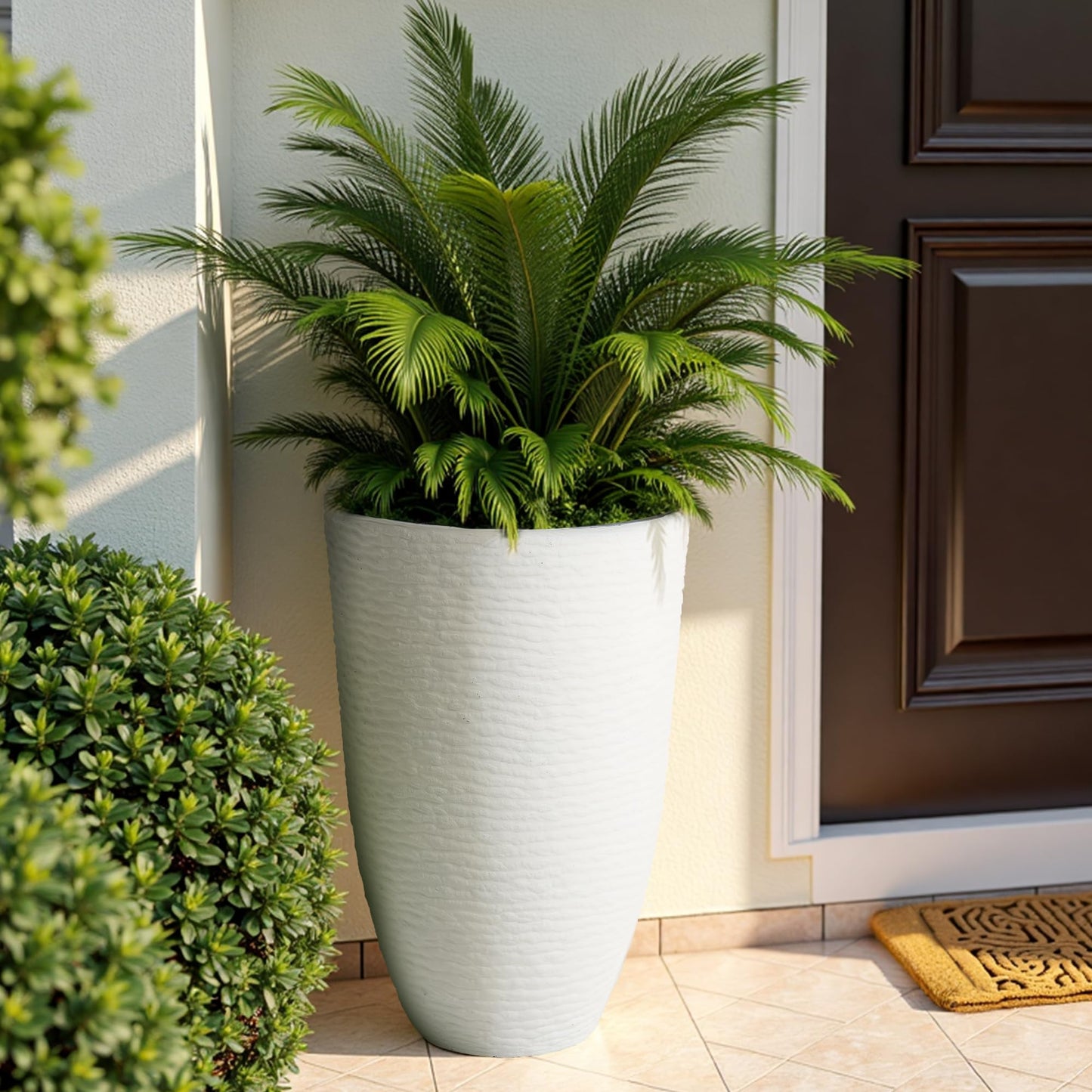 Tall Round Planters Set of 2-14" Dia x 21" H Stone Finish Flower Pots Indoor Decorative Container Garden Patio Unbreakable Beige