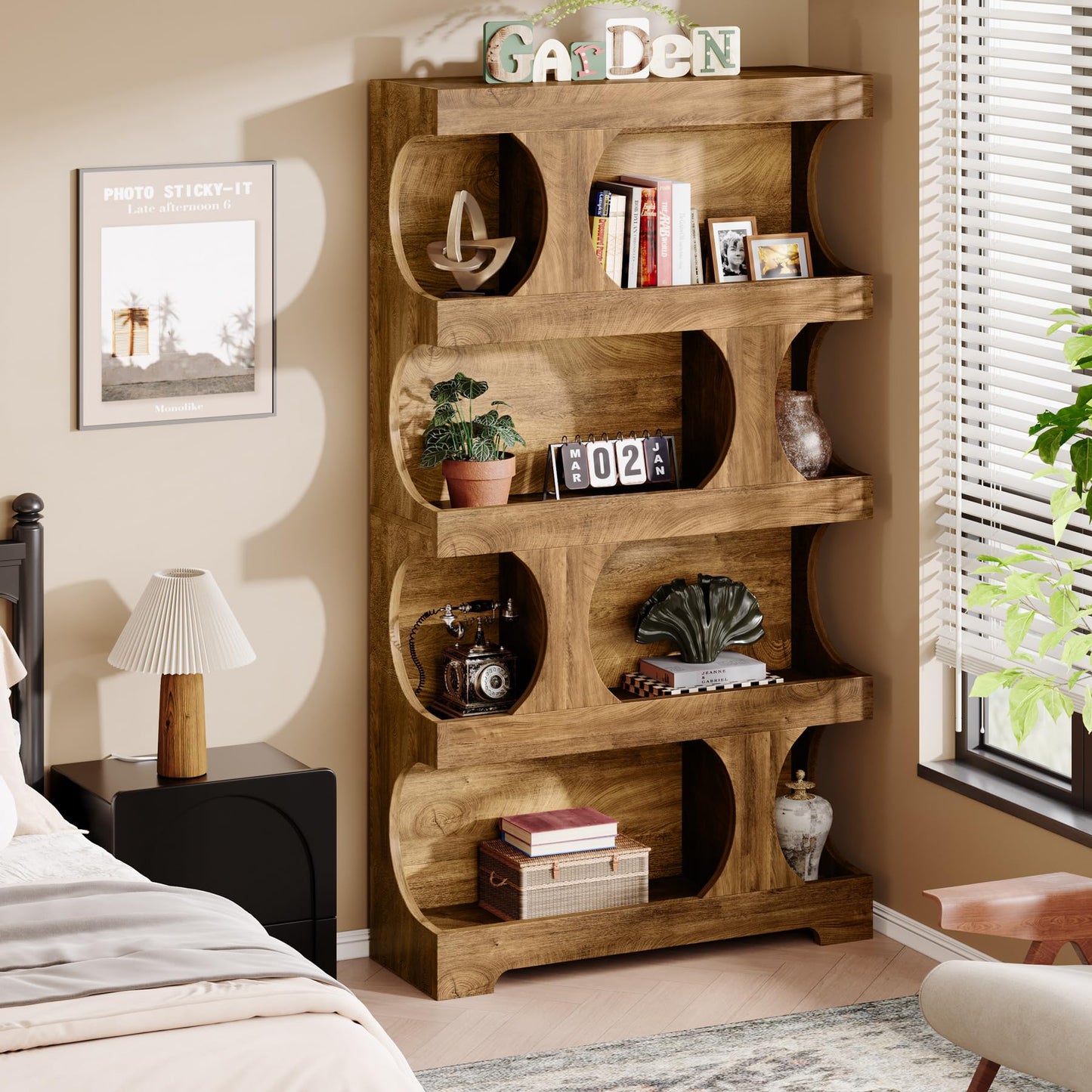 71"Tall Bookcase, 4-Tier S-Shaped Bookshelf, Wood Decorative Storage Shelving, Modern Freestanding Display Shelves