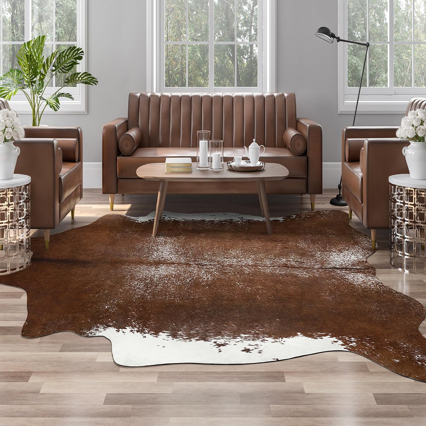 AROGAN Premium Faux Cowhide Rug 4.6 x 5.2 Feet, Sturdy and Large Size Cow Print Rugs, Suitable for Bedroom Living Room Western Decor