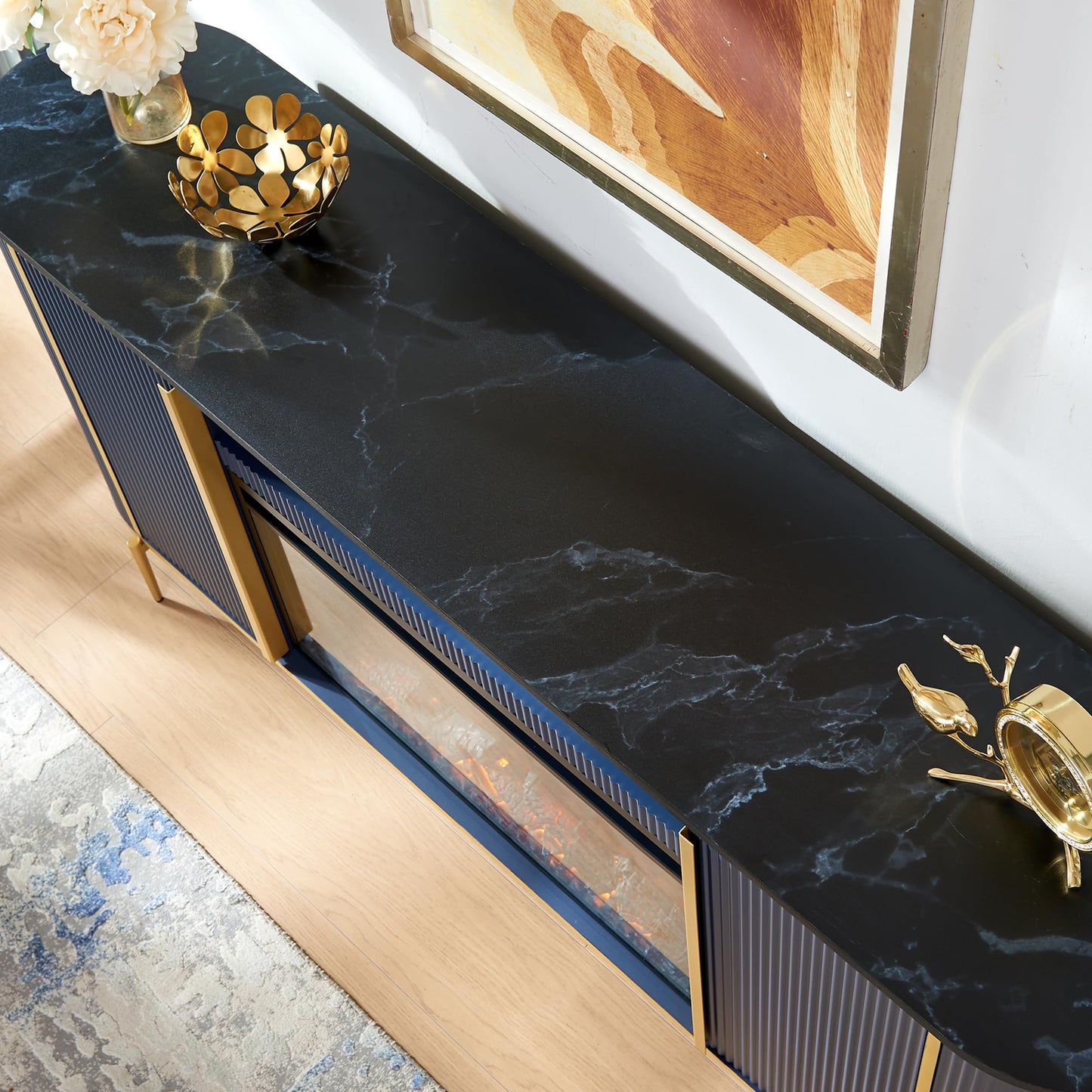 OKD Luxury 70" Fluted TV Stand, Modern Chic Entertainment Center for TVs Up to 80 inches, TV Console with Faux Marble Top, Curved Profile Design, Media Console for Living Room, Navy Blue