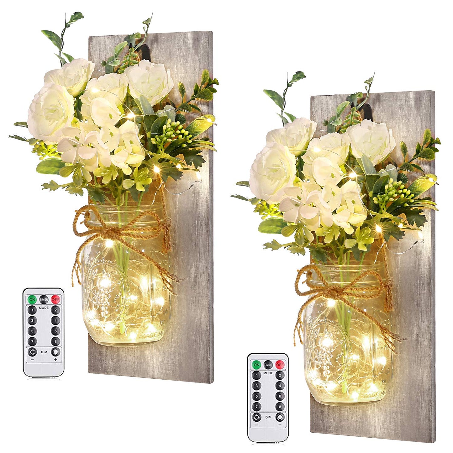 Rustic Wall Sconces Mason Jar Sconces Handmade Wall Art Hanging Design with Remote Control LED Fairy Lights and White Peony,Christmas Decor Gift Farmhouse Wall Home Decor Living Room Lights Set of Two
