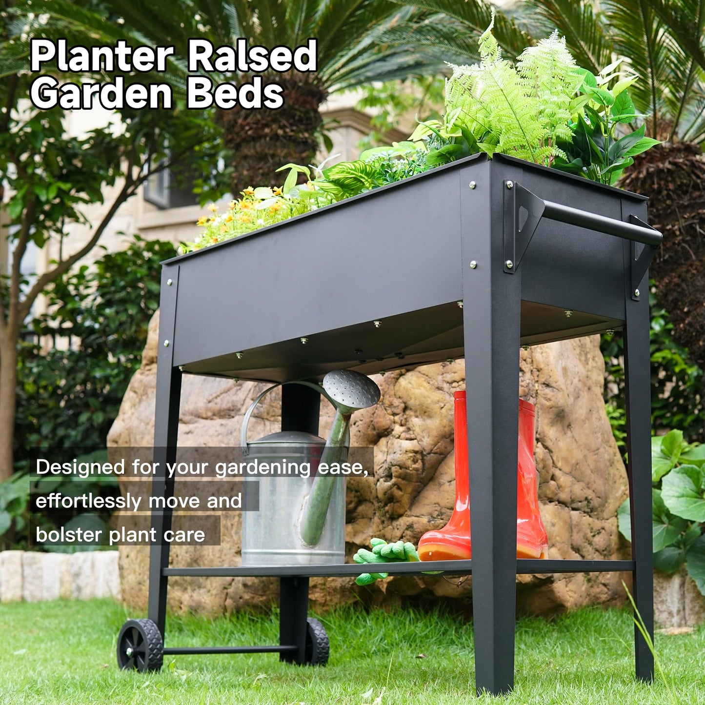 Elevate Tall Raised Garden Bed 32" Outdoor with Wheels & Shelf for Mobility, 400LBS Capacity, Anti-Rust Steel Planter Box for Vegetables/Herbs, Patio-Balcony-Backyard