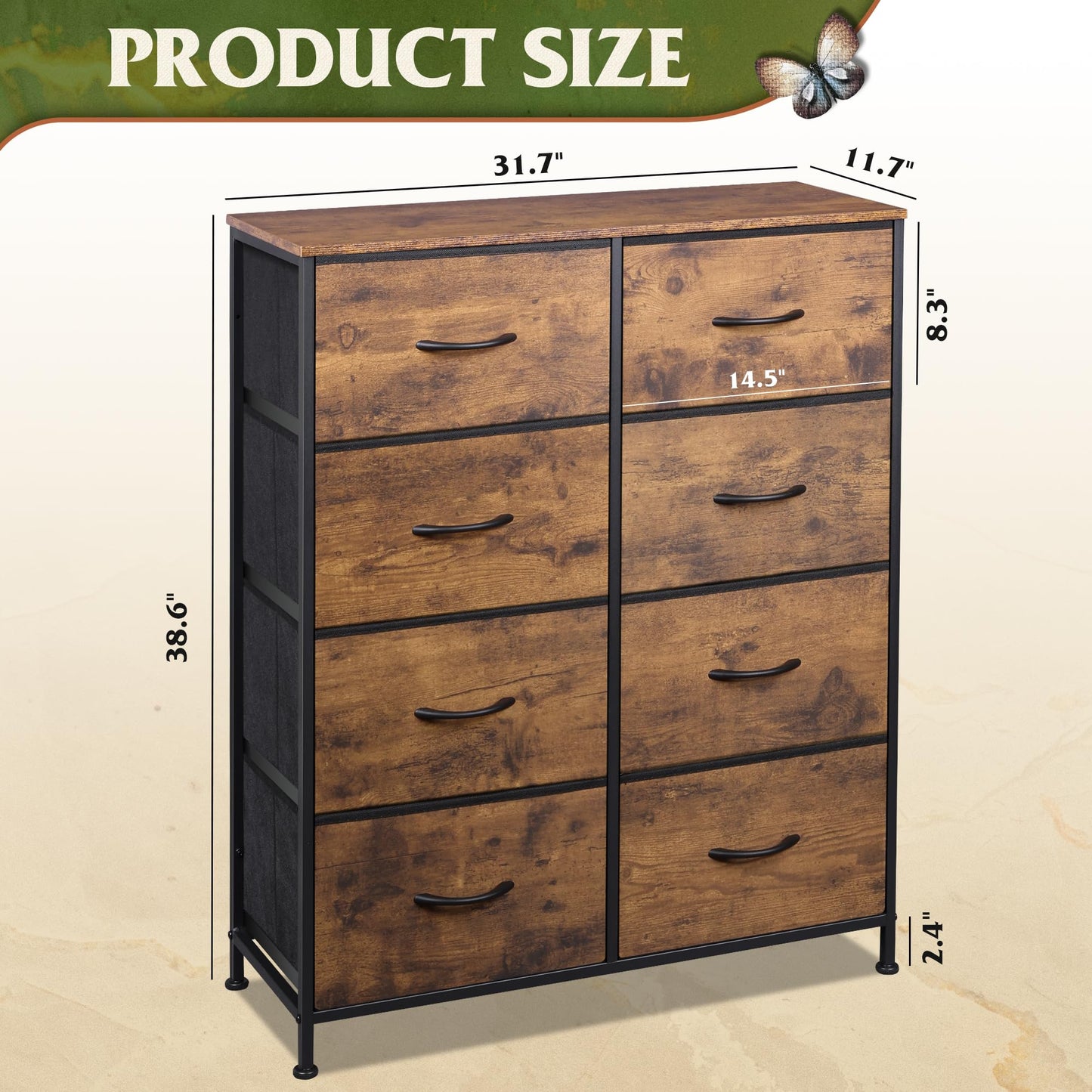 Fabric Dresser for Bedroom, Tall Dresser with 8 Drawers, Storage Tower with Fabric Bins, Double Dressers, Chest of Drawers for Closet, Living Room, Hallway, Dorm, Rustic Brown Wood Grain Print
