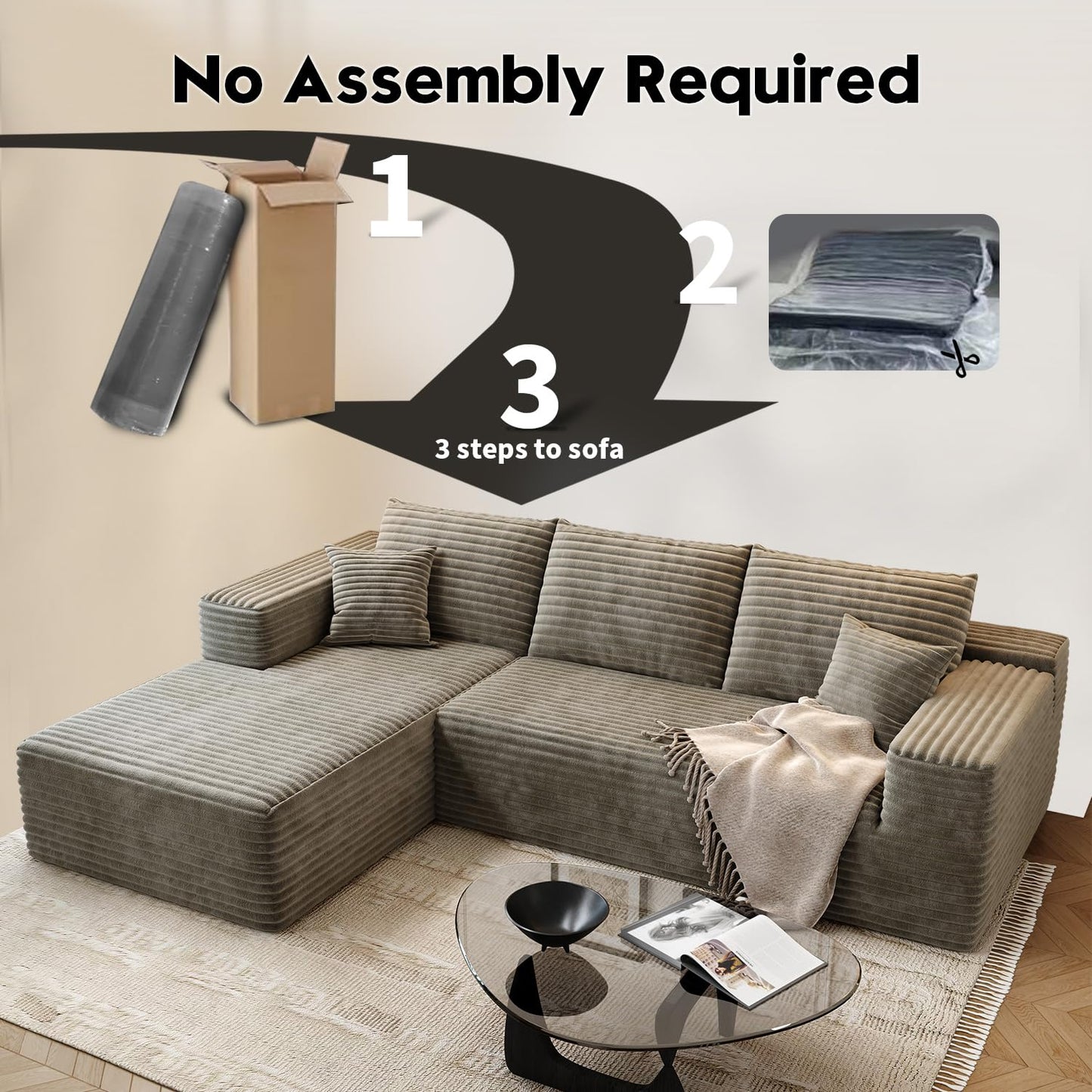 107.5" Cloud Modular Sectional Sofa with 1 Ottoman,Modern Minimalist Upholstered Couches, Comfort U Shaped Sofa for Living Room,Deep Seat Corner Couch,No Assembly Required (Black,Left Facing Chaise)