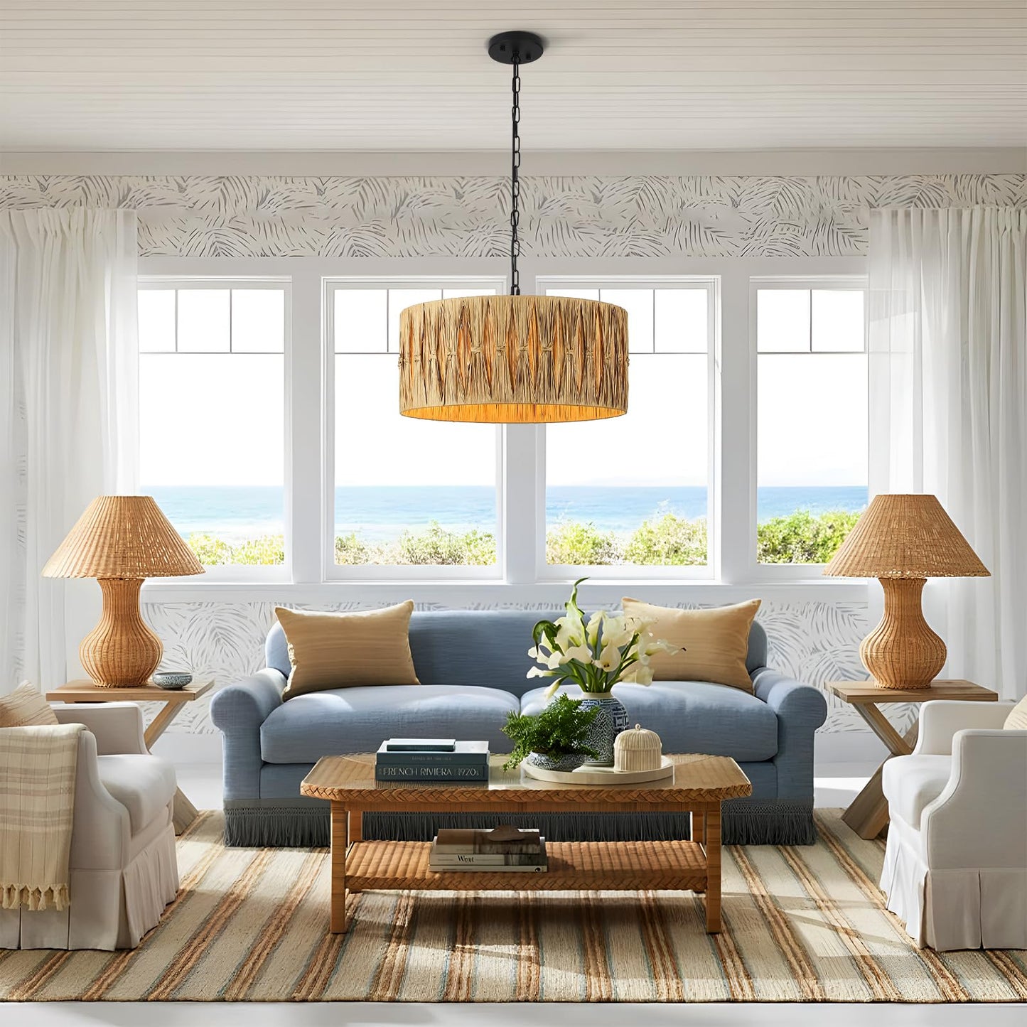 Rattan Pendant Lights, Large Wicker Chandelier Hand-Woven Boho Pendant Light Rattan Basket Hanging Light