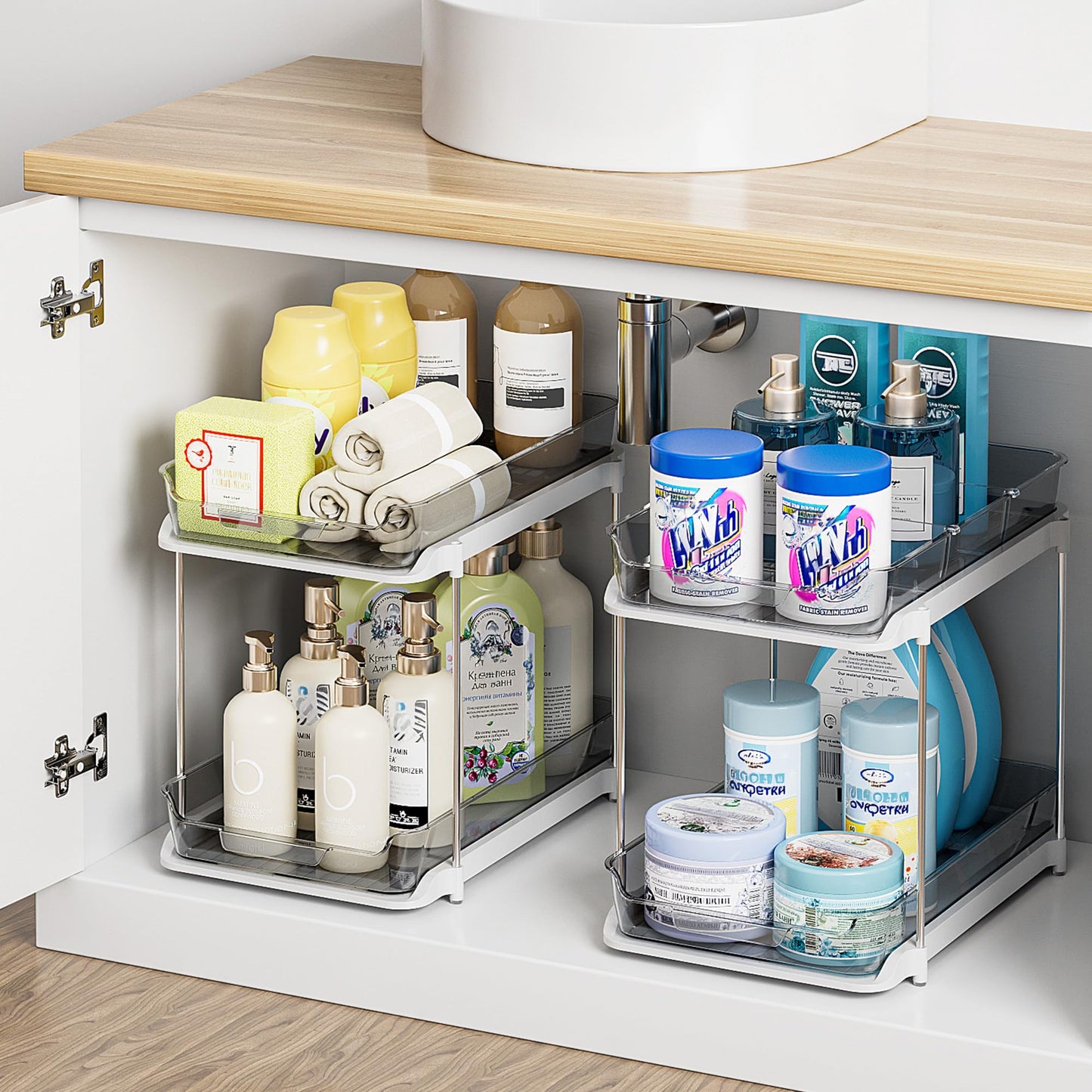 Delamu 2 Sets of 2-Tier Multi-Purpose Bathroom Under Sink Organizers and Storage, Stackable Kitchen Pantry Organization