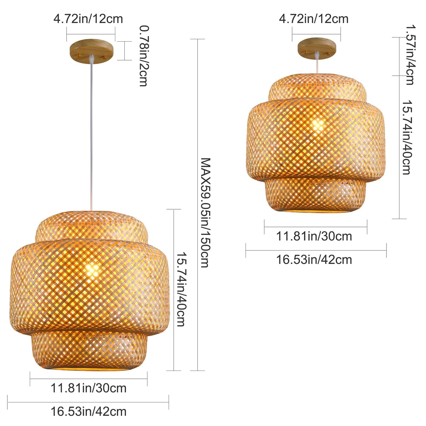 Rattan Pendant Lights, Large Wicker Chandelier Hand-Woven Boho Pendant Light Rattan Basket Hanging Light