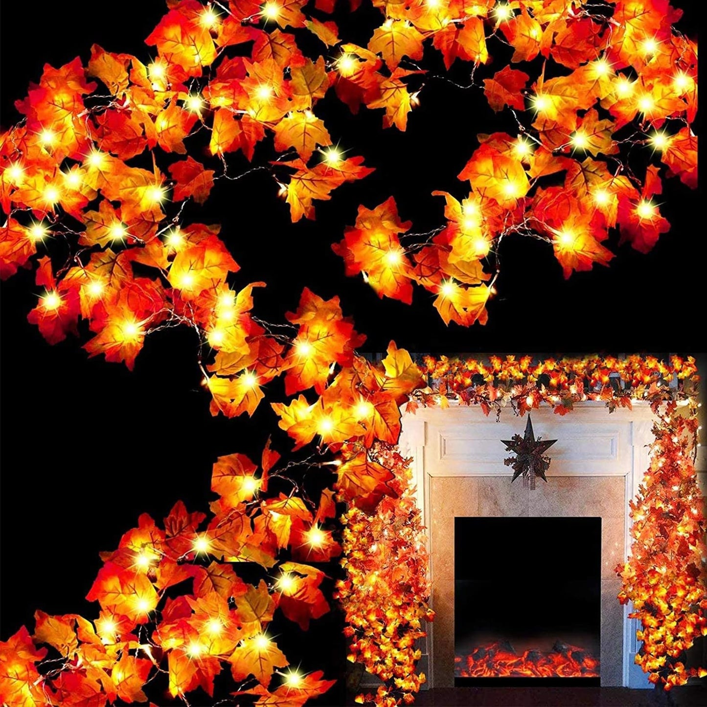 TURNMEON 2 Pack Fall Decor Enlarged Maples Leafed Halloween Fall Decorations for Home Fall Lights Thick Leafs Garlands, Total 20Ft 40LED Battery Operated Waterproof Thanksgiving Decor Indoor Outdoor