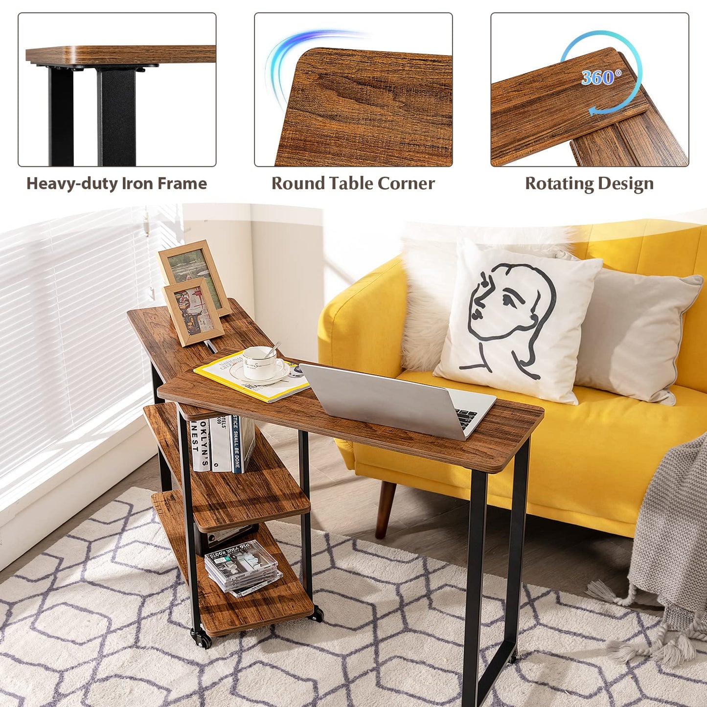 Tangkula 360° Rotating Sofa Side Table, Patented Mobile End Table with 2-Tier Storage Shelves, Swivel Rolling Desk with 6 Lockable Casters
