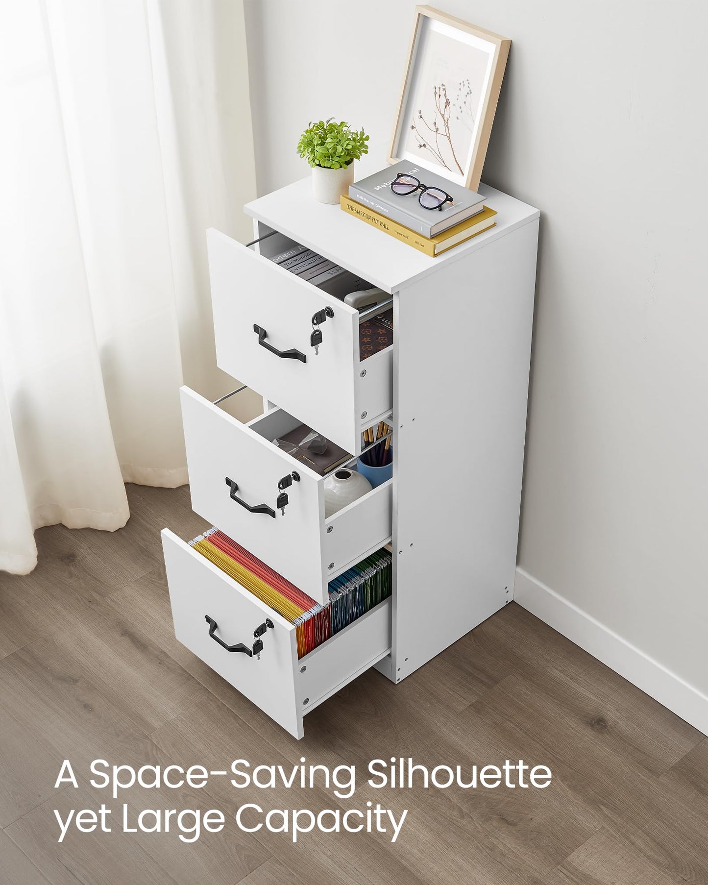 VASAGLE 3-Drawer Vertical File Cabinet, Rustic Brown and Black, for Home Office and Bedroom, A4 and Letter-Size Files, Lockable Drawers