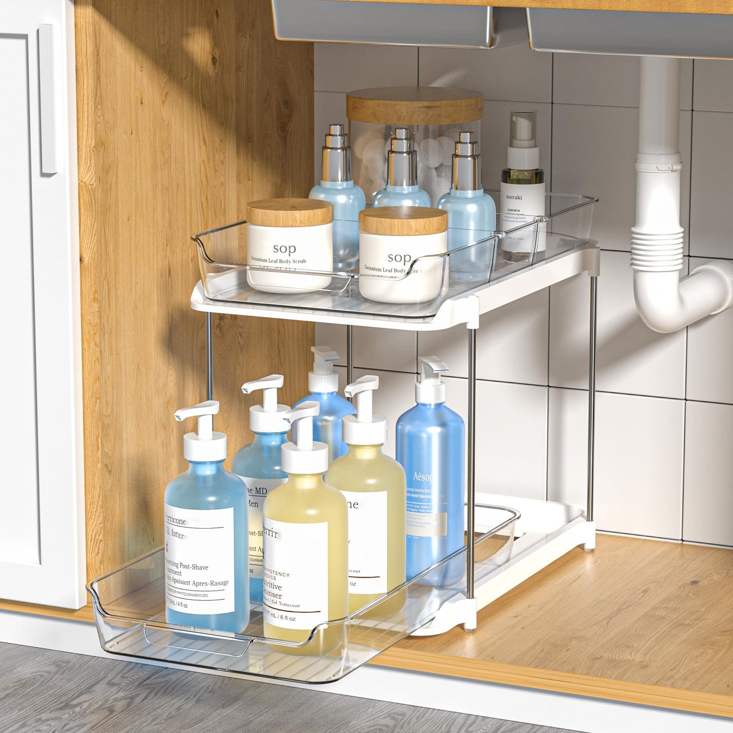 Delamu 2 Sets of 2-Tier Multi-Purpose Bathroom Under Sink Organizers and Storage, Stackable Kitchen Pantry Organization