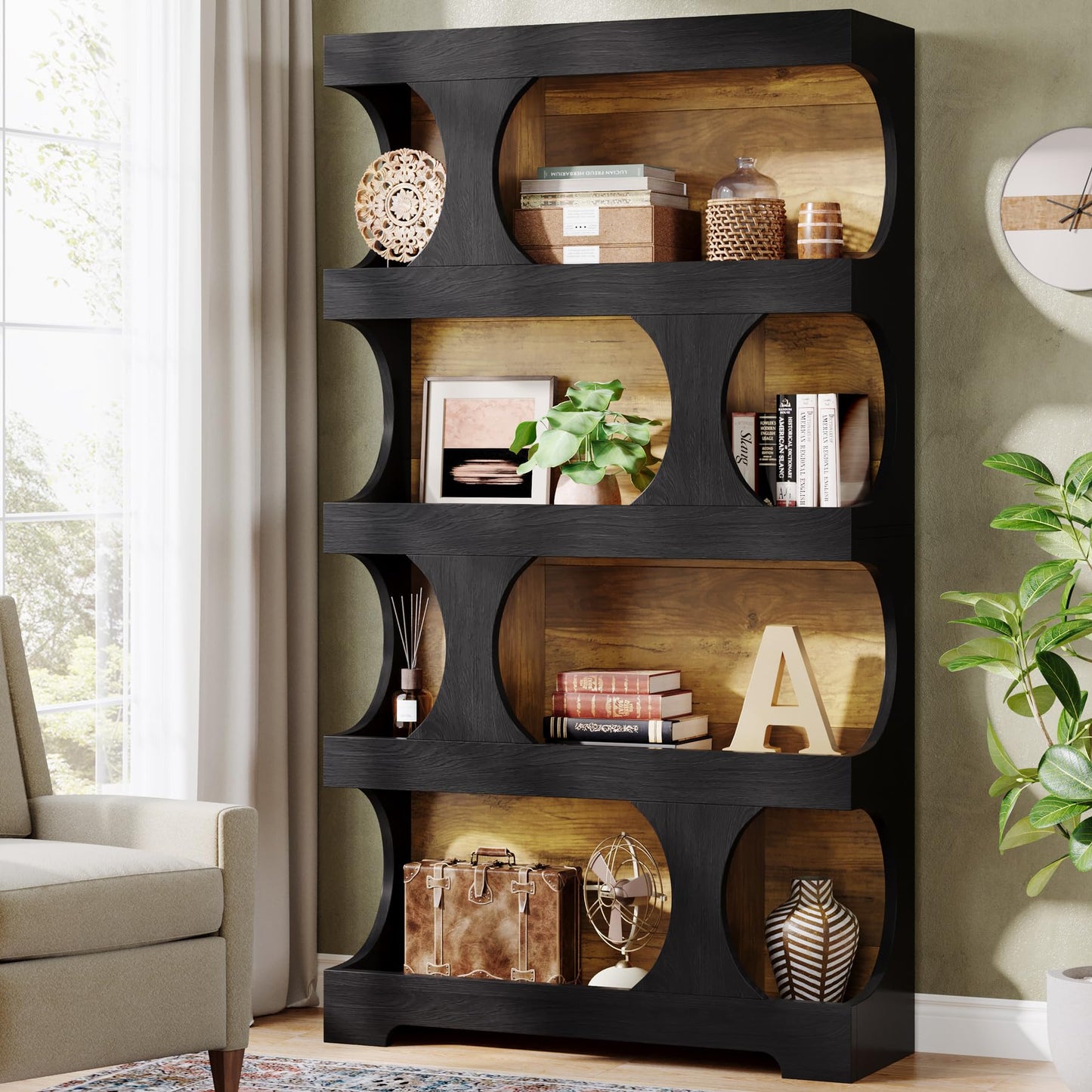 71"Tall Bookcase, 4-Tier S-Shaped Bookshelf, Wood Decorative Storage Shelving, Modern Freestanding Display Shelves