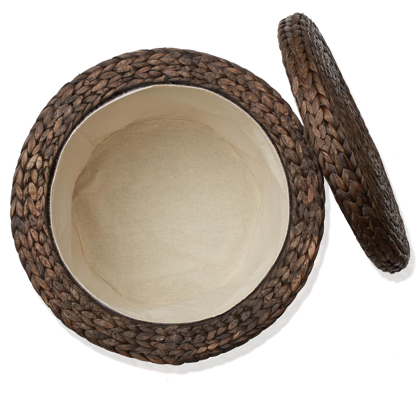 Round Storage Ottoman with Lid - Whitewash, Handwoven Water Hyacinth Footstool for Living Room, Bedroom