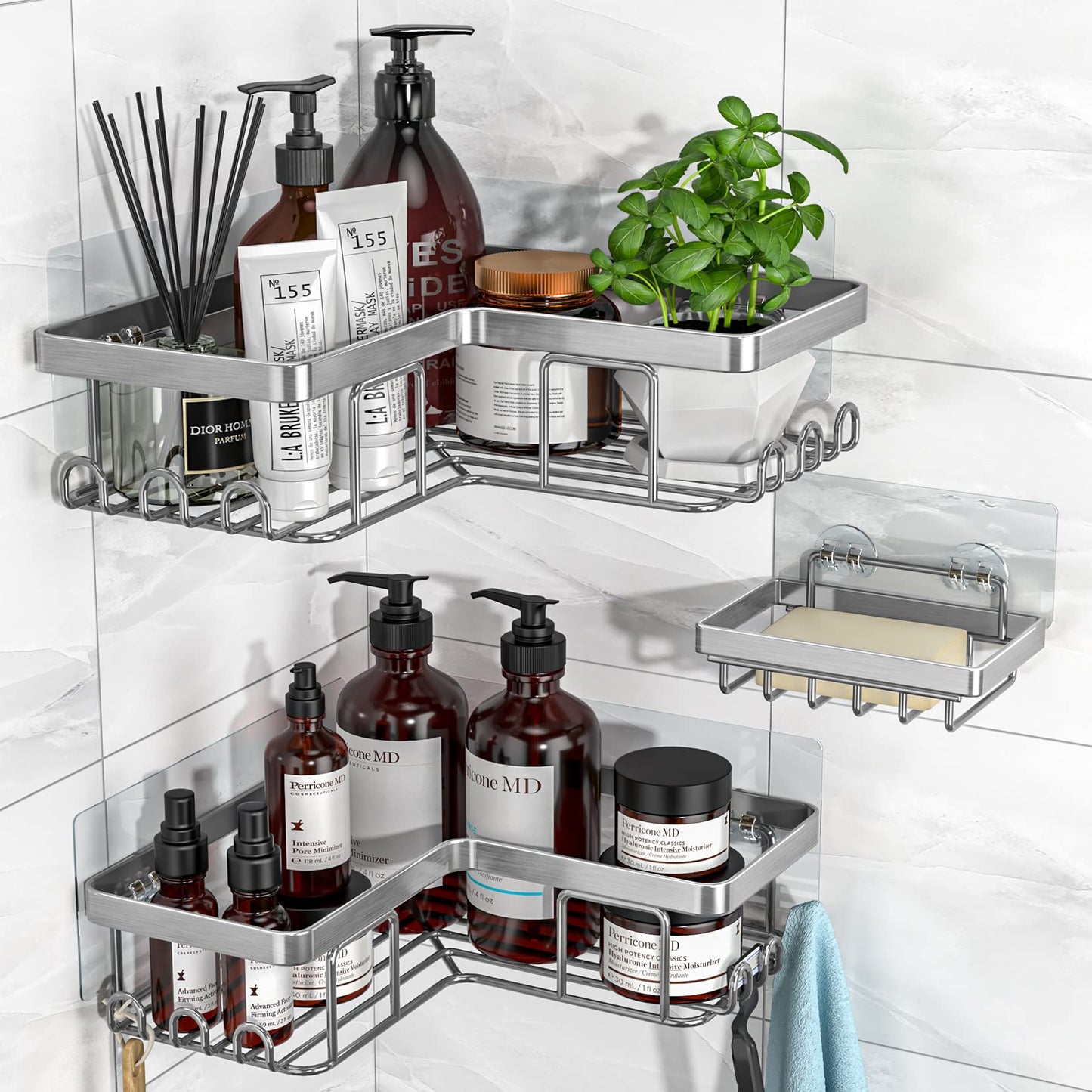 YASONIC Corner Adhesive Shower Caddy, with Soap Holder and 12 Hooks, Rustproof Stainless Steel Bathroom Organizer, No Drilling Wall Mounted Rack, Black, 3-Pack