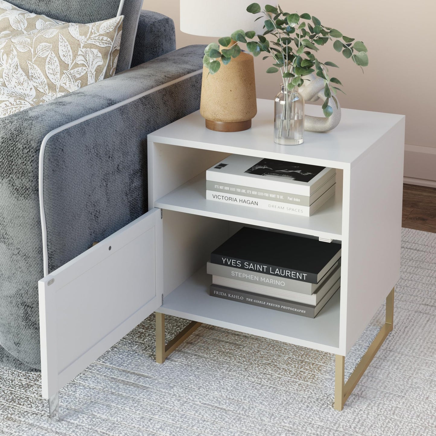 Nathan James Mina Rattan Wood End Side Accent Table Nightstand with Storage for Living Room or Bedroom, 1, Oak/Black