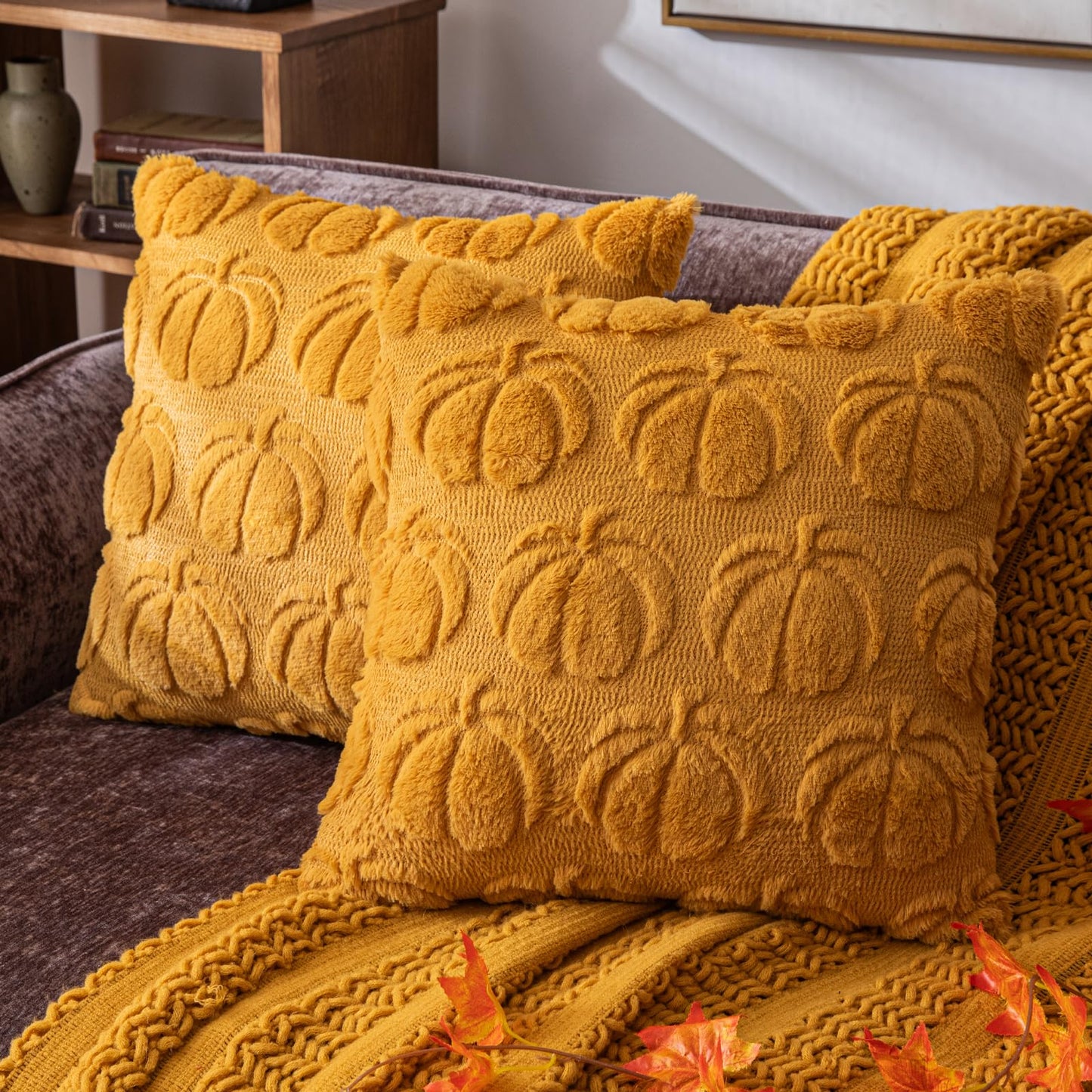Pumpkin Fall Decorative Throw Pillow Covers 18"x18", Set of 2 Rust Red Soft Faux Fur