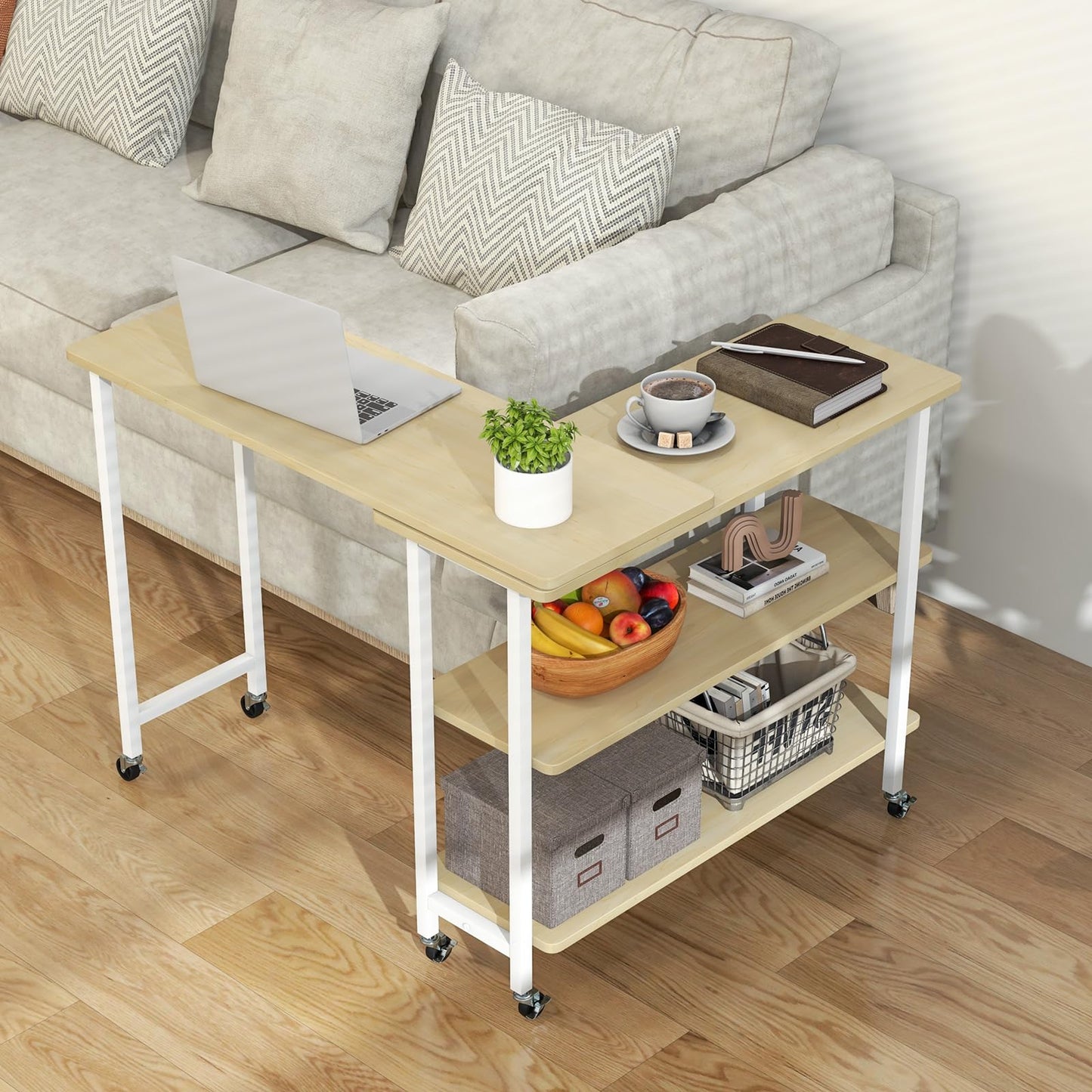 Tangkula 360° Rotating Sofa Side Table, Patented Mobile End Table with 2-Tier Storage Shelves, Swivel Rolling Desk with 6 Lockable Casters